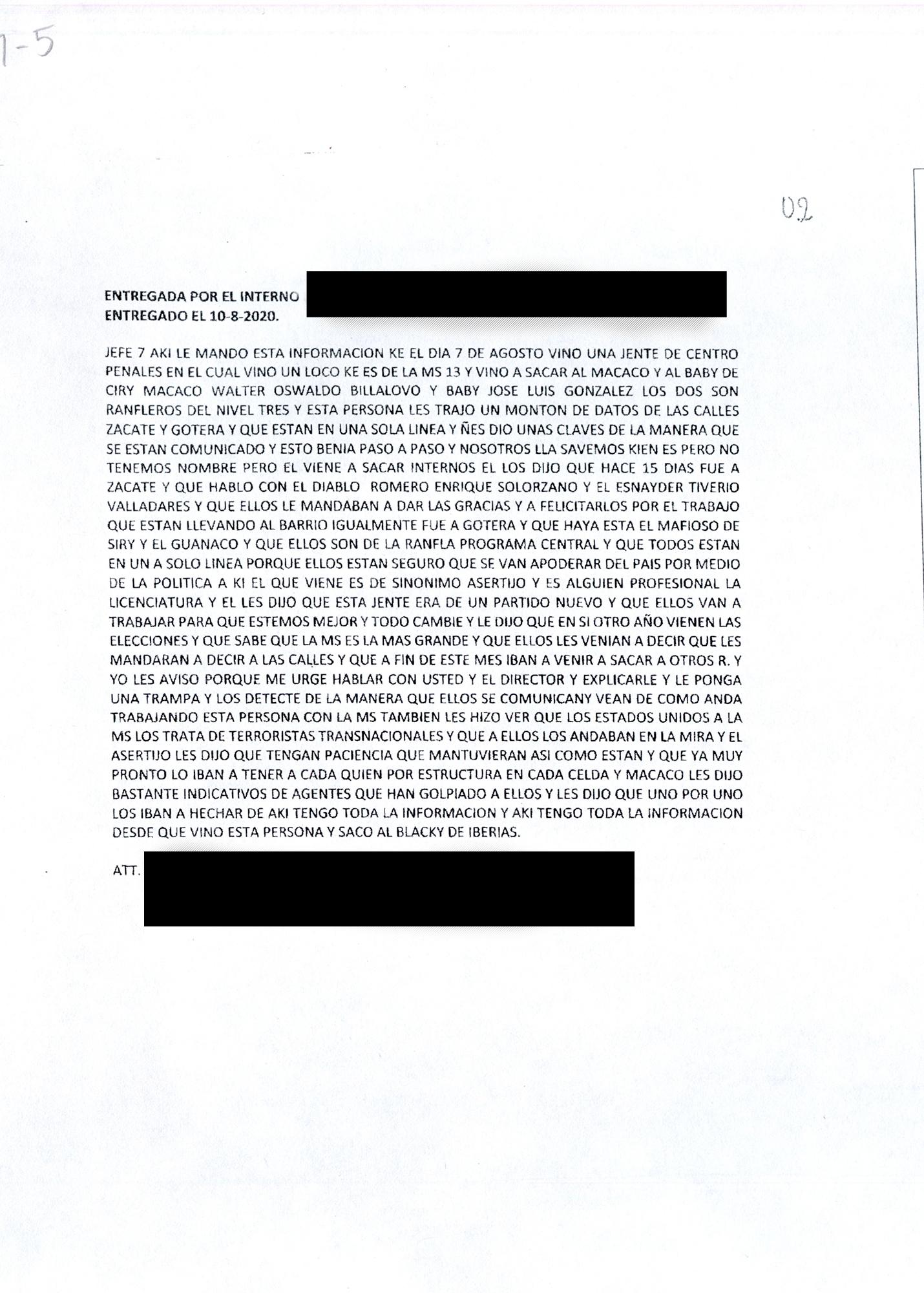 Transcript of one of the wilas recounting the events of August 7 in Phase III of Izalco. The image is part of a prison intelligence report that El Faro received together with other official documents.