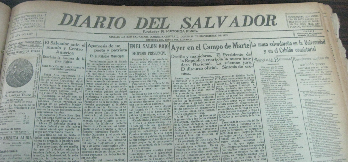Diario Del Salvador del lunes 16 de septiembre de 1912, que hace referencia a la celebración del día independencia de ese año y a la instauración de la nueva bandera de la Republica, bajo el mandato de Manuel Enrique Araujo.