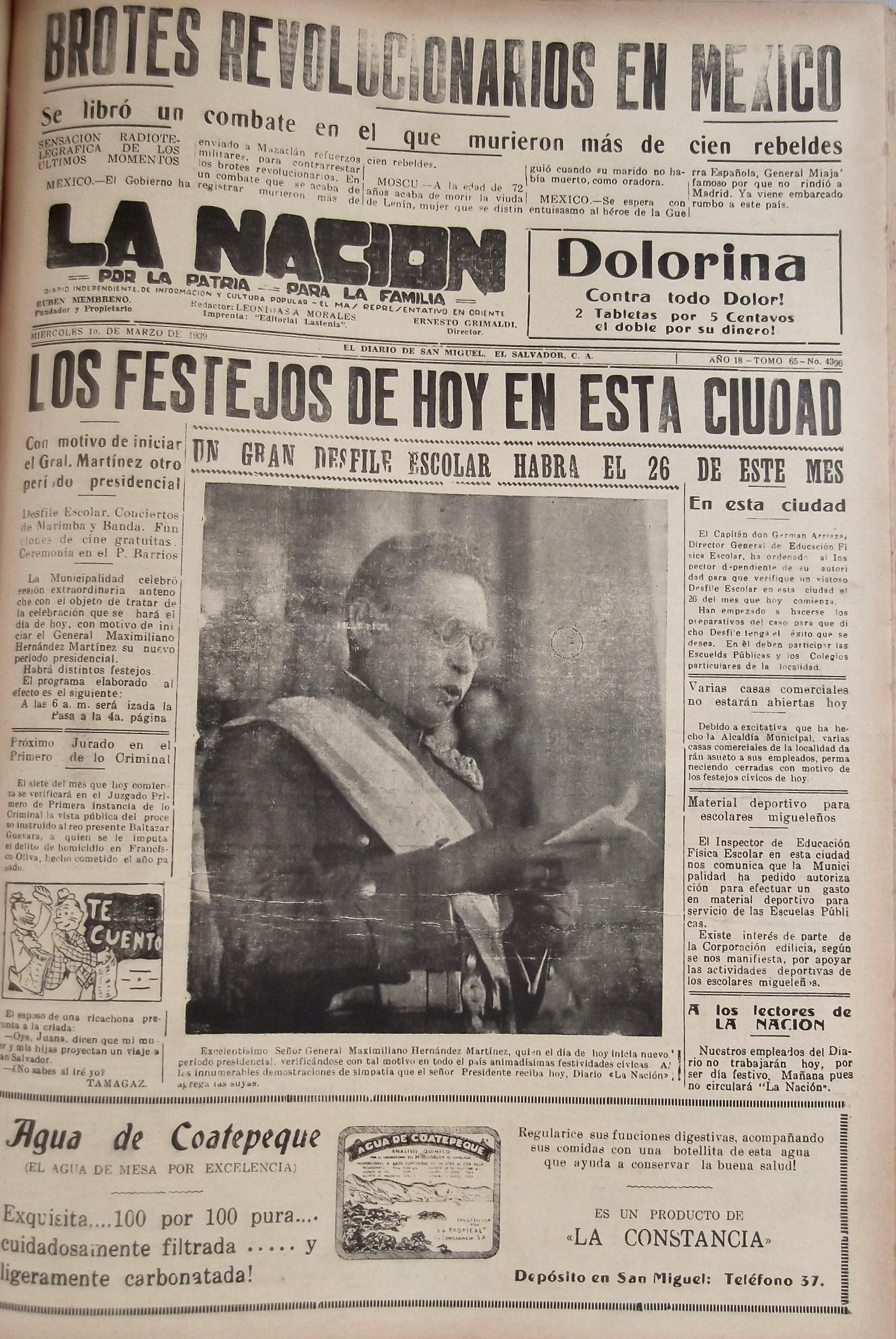 Portada del periódico migueleño La Nación el día de la toma de posesión del general Maximiliano Hernández Martínez, marzo de 1939.