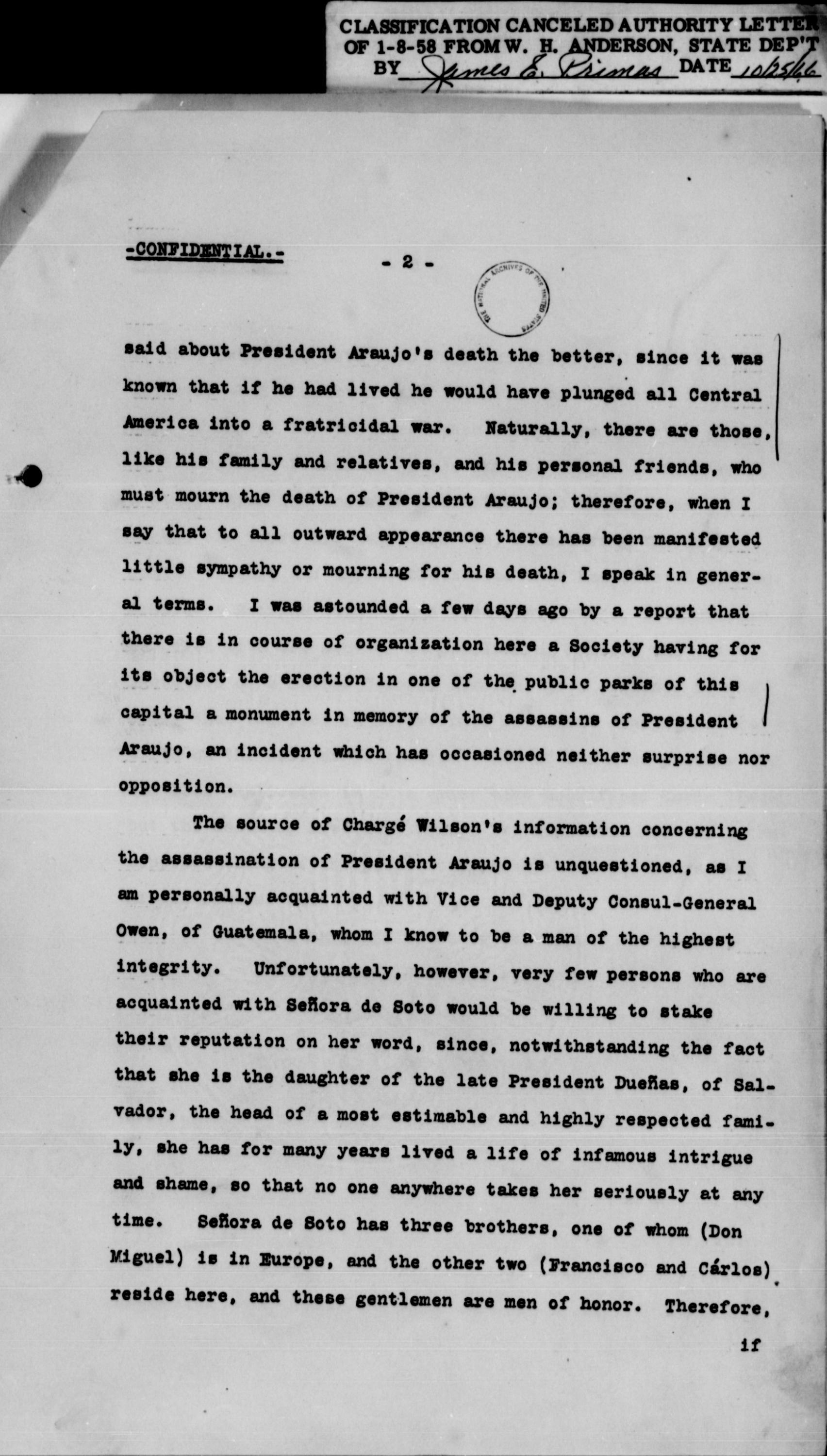 Carta enviada por Wm. Heimké al Secretario de Estado de Estados Unidos el 17 de mayo de 1913, tras el asesinato del presidente Manuel Enrique Araujo. Página 2 de 3.