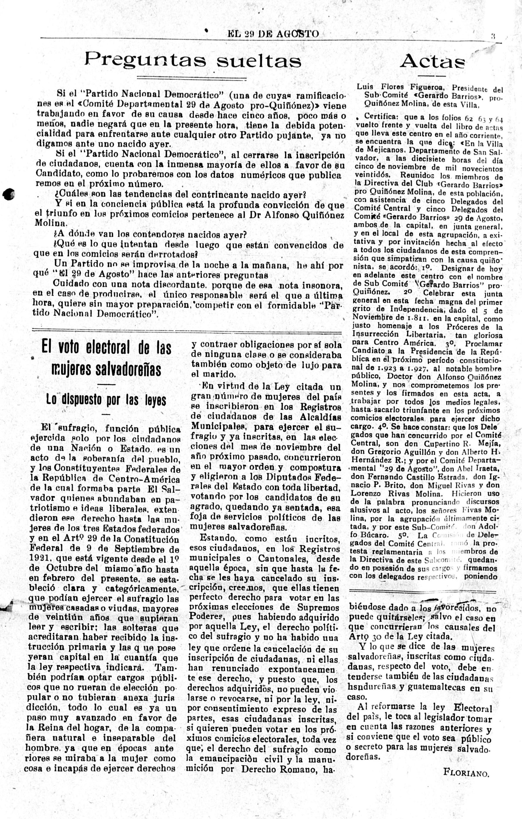 El 29 de Agosto era un órgano de difusión de la campaña presidencial del Dr. Alfonso Quiñónez Molina. Este documento apareció en su edición del 2 de diciembre de 1922, p. 2. 