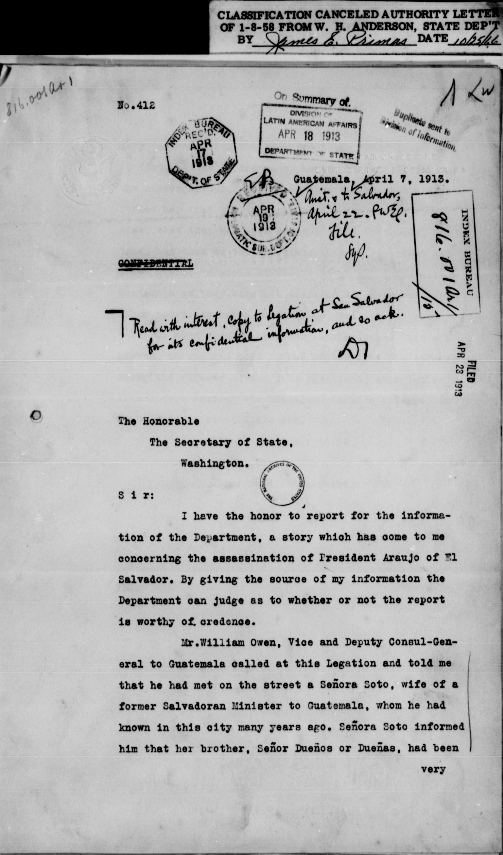 Carta enviada por Hugh R. Wilson al Secretario de Estado de Estados Unidos el 7 de abril de 1913, tras el asesinato del presidente Manuel Enrique Araujo. Página 1 de 2.
