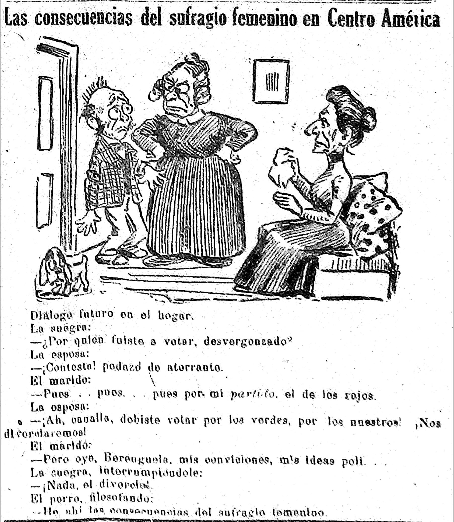 Una caricatura de la época sugiere la visión patriarcal de que el voto femenino emasculaba a los hombres. Fuente: Diario del Salvador, 3 de septiembre de 1921, p. 2