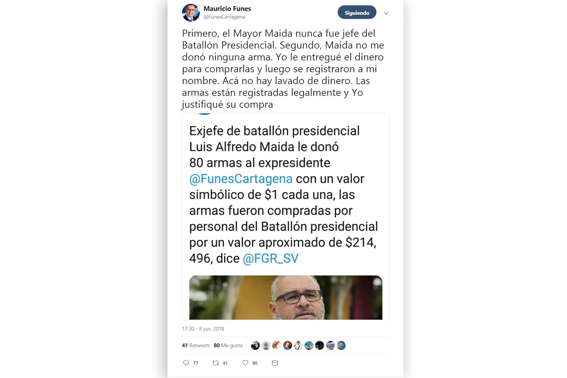 Captura de pantalla de un tweet del 8 de junio del 2018 del expresidente Mauricio Funes. 