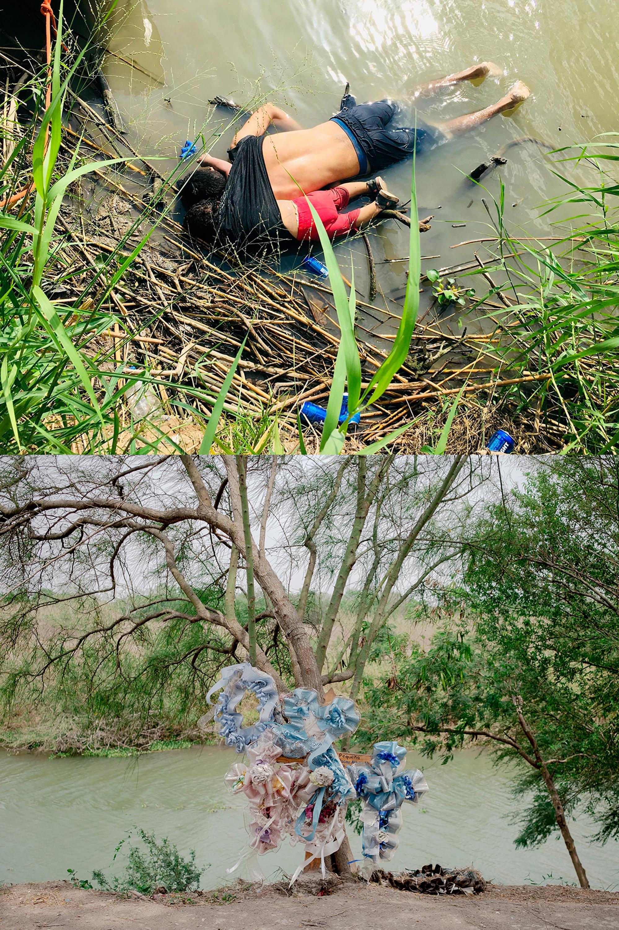 Above, the photograph taken on June 23, 2019 of the bodies of Oscar and Valeria in the Rio Bravo. Photo by AFP. Below, the place as it looks now where the bodies were found.