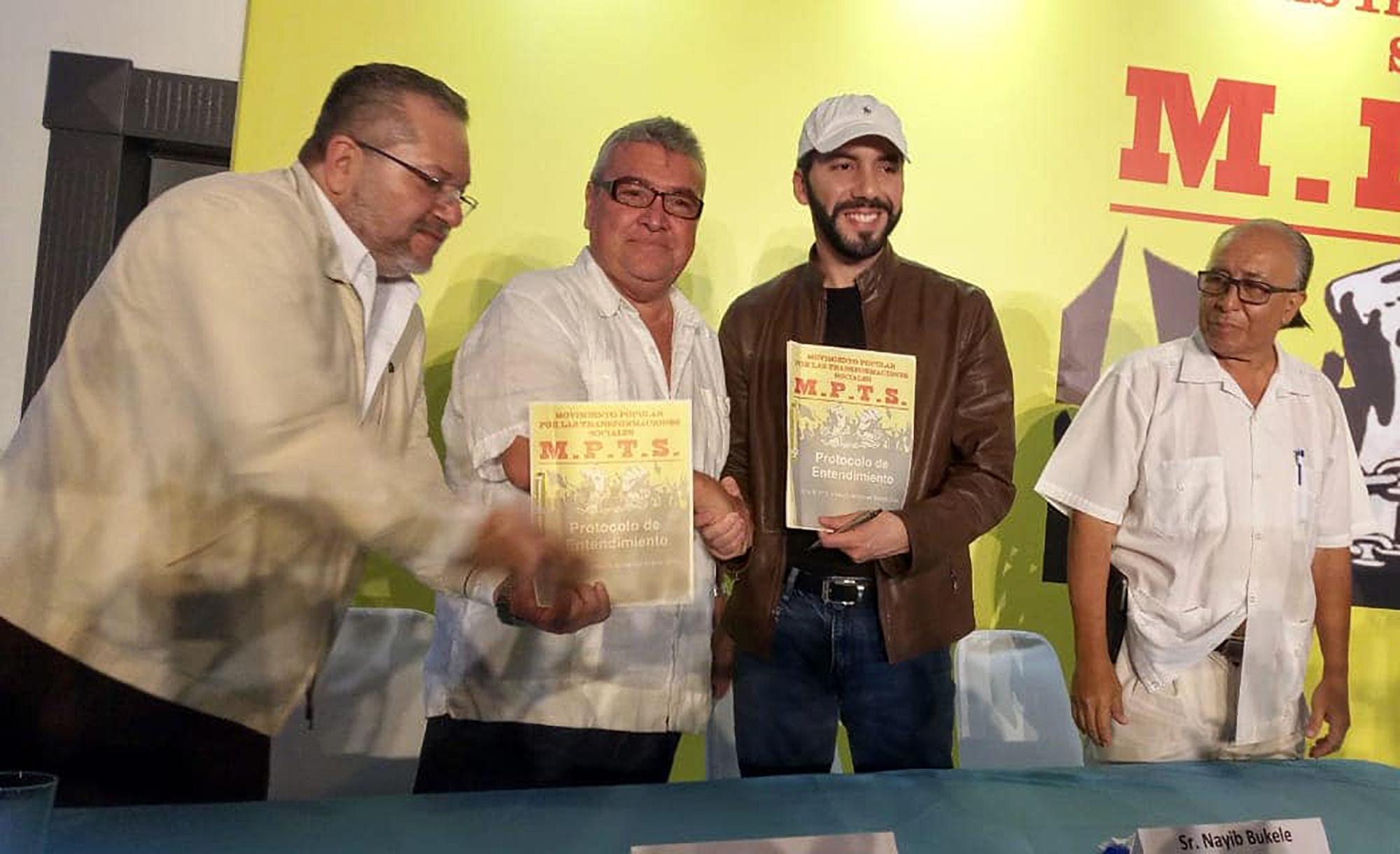 En noviembre de 2018, el líder del MPTS, Jaime Figueroa, firmó un convenio para trabajar para la campaña presidencial de Nayib Bukele y del partido Gana. Foto, cortestía MPTS.