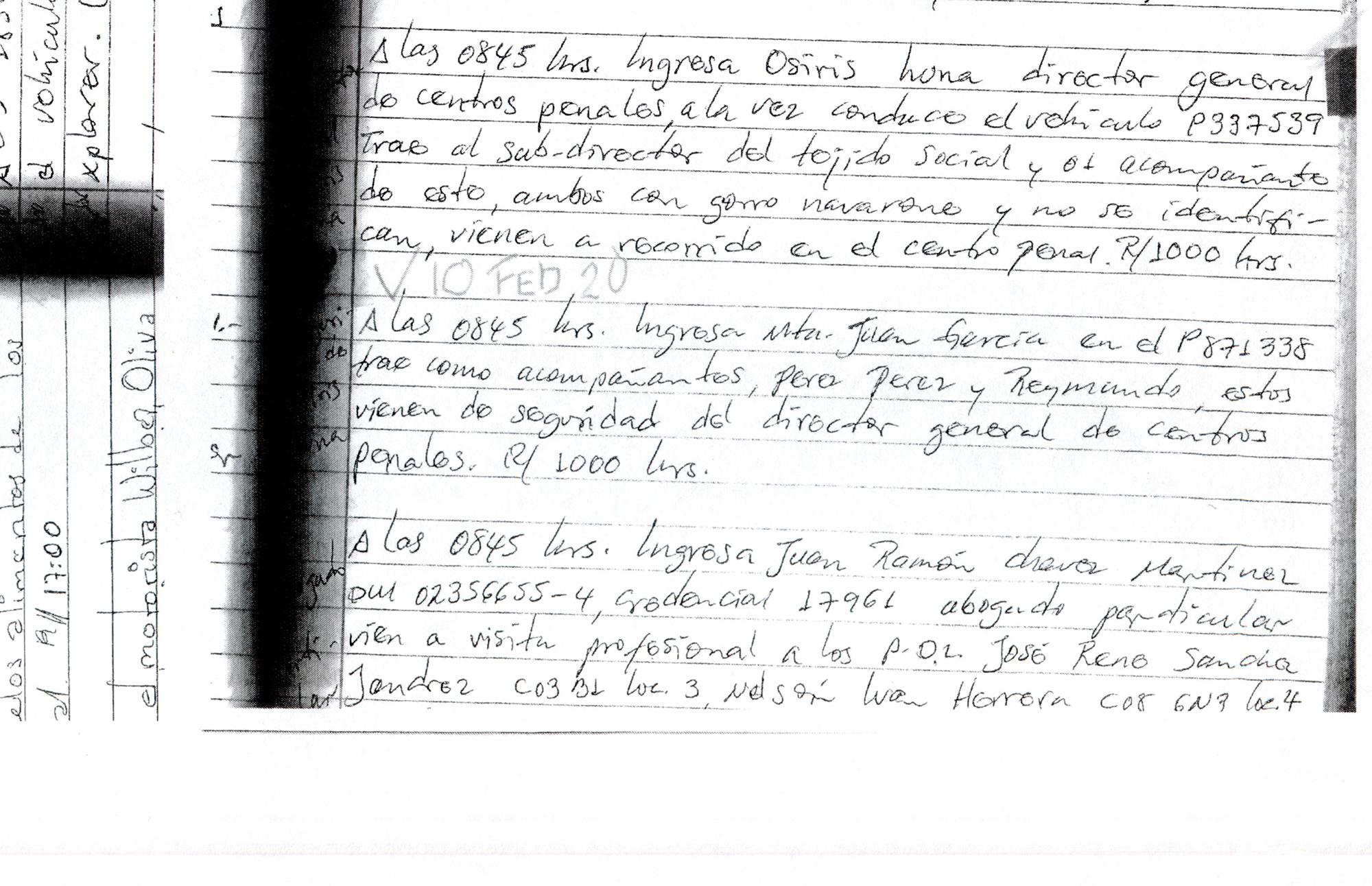 8:45 to 10 am on February 10, 2020 in Zacatecoluca. The deputy director of Tejido Social, Bermúdez, reappeared. Given how the logbook was redacted, it can be inferred that the guard recognized the official despite him wearing a balaclava. A vehicle P337-539 driven by Luna entered the premises at 8:45 am carrying “the deputy director of Tejido Social and another individual, both wearing balaclavas and refusing to identify themselves. They came to do a tour of the facility.”