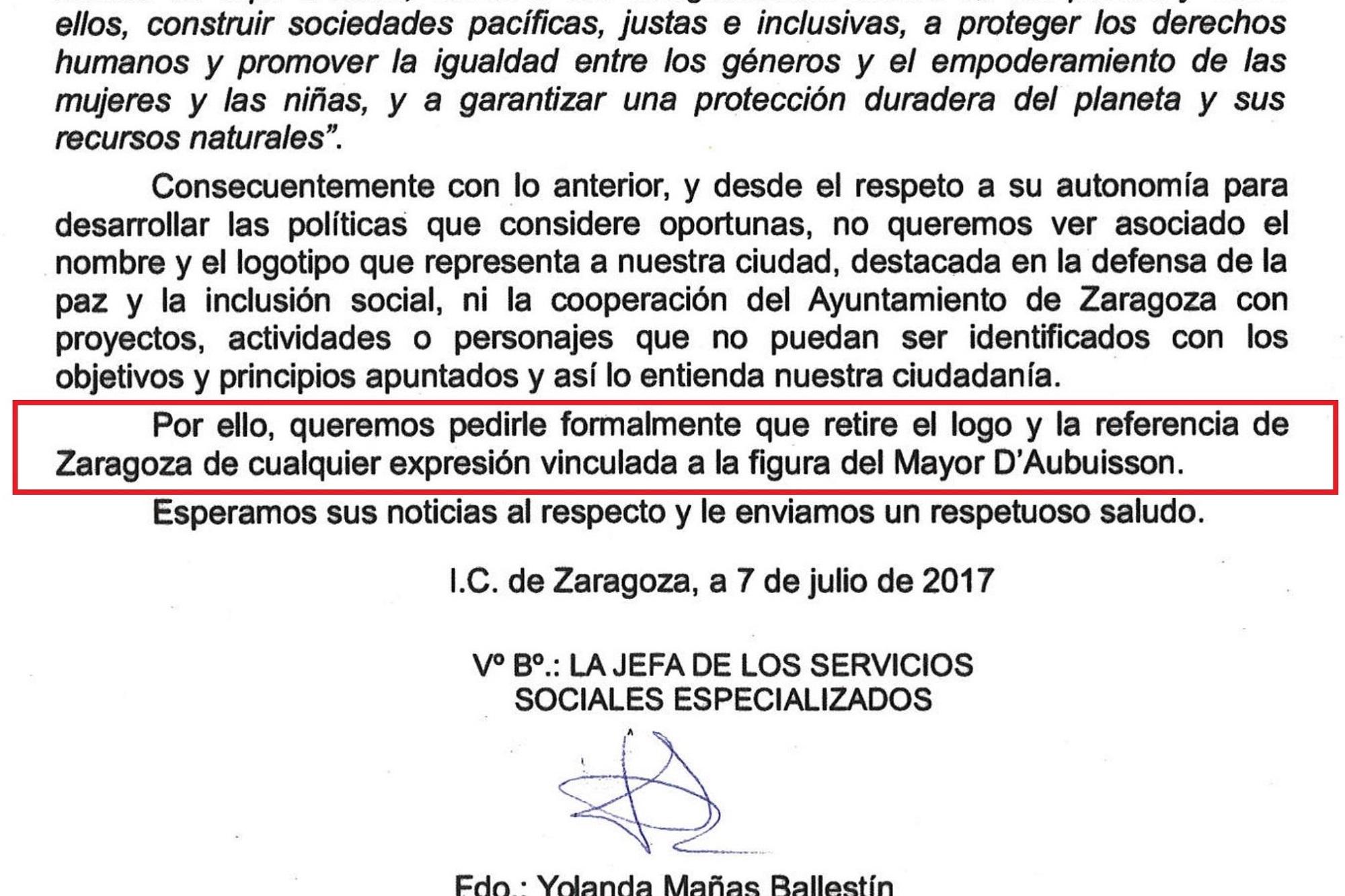 Fragmento de la carta enviada por el Ayuntamiento de Zaragoza el 7 de julio de 2017.