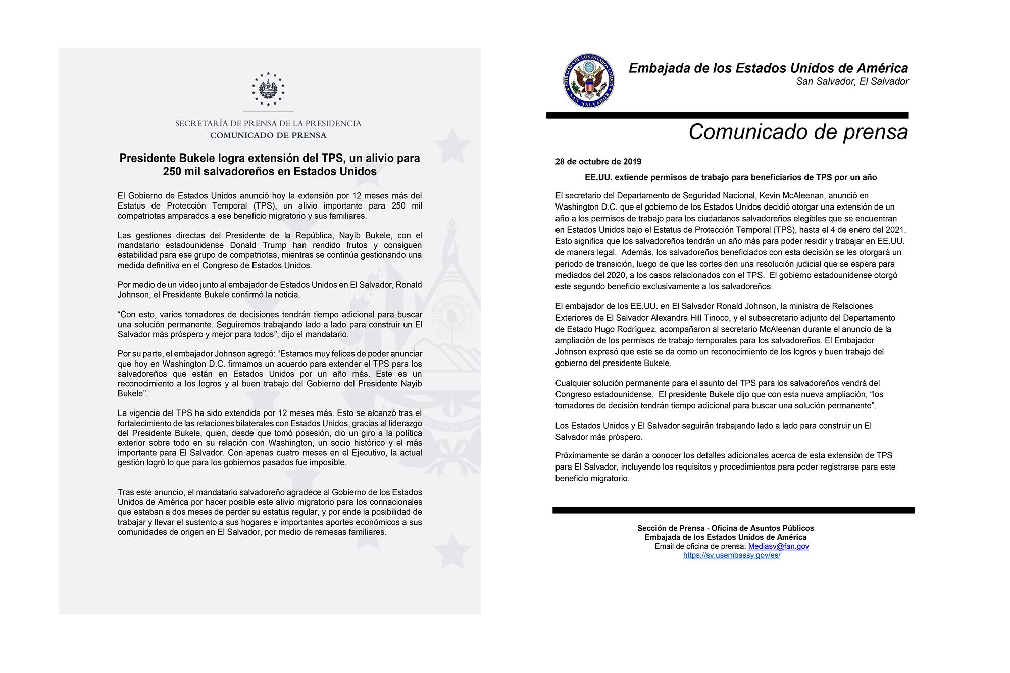 Comunicados de prensa de la Embajada Americana en El Salvador y el Gobierno de El Salvador, sobre la exyensión del TPS para salvadoreños. 28 de octubre de 2019. 