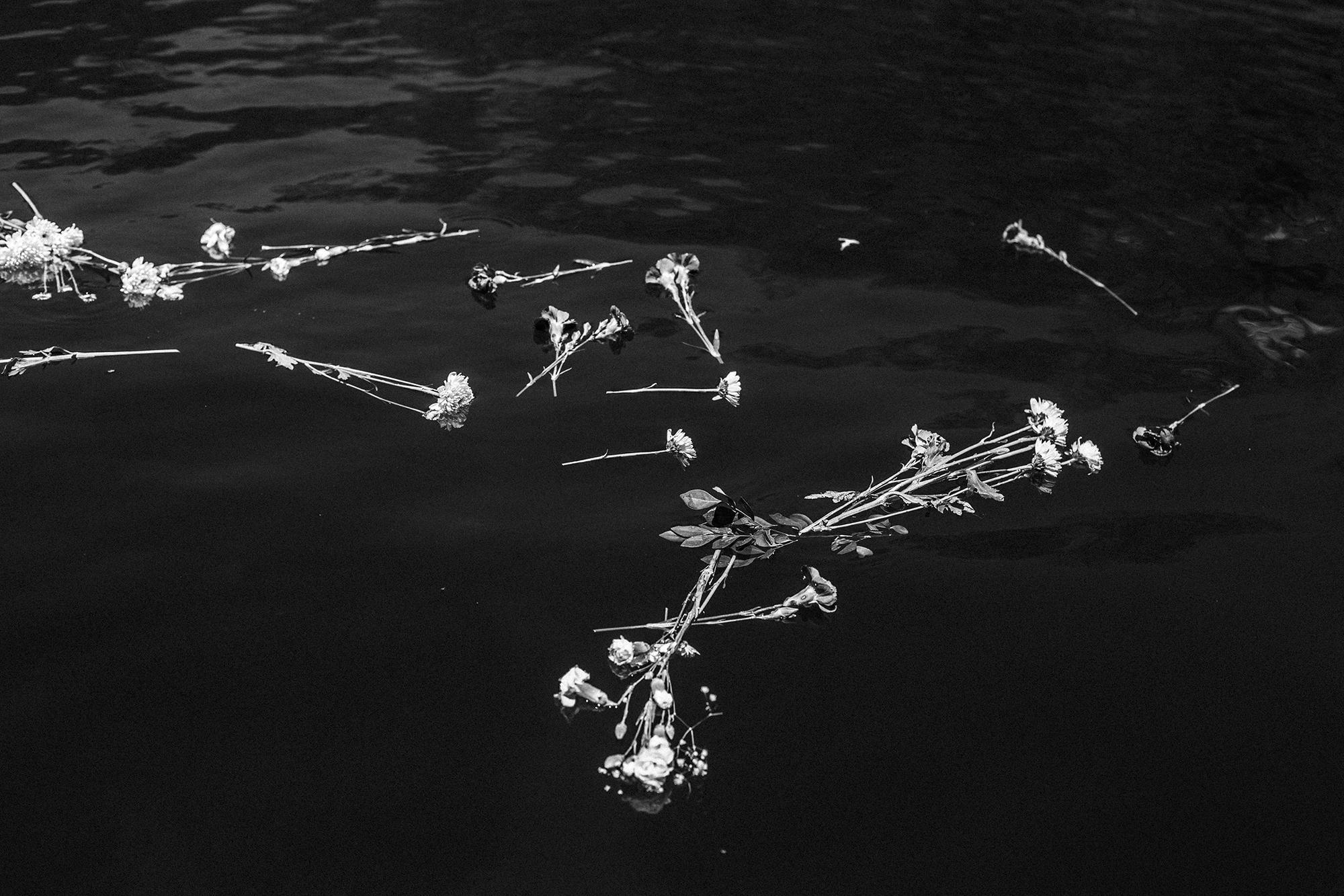 An offering of flowers floating in the Lempa, in memory of those who lost their lives while attempting to cross the river between March 17 and 18, 1981.