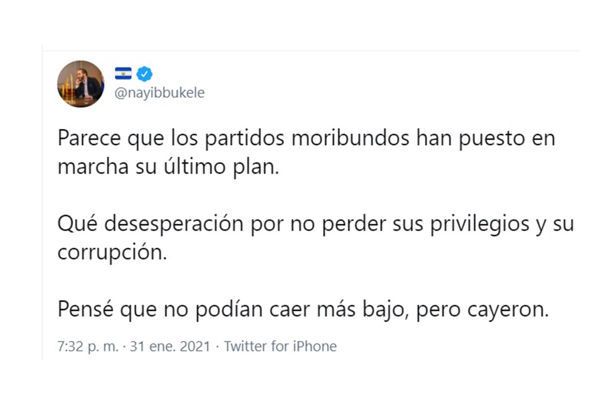 Minutos después de que se hiciera público que simpatizantes del FMLN habían sido atacados, el presidente Bukele publicó este mensaje en su cuenta de Twitter.
