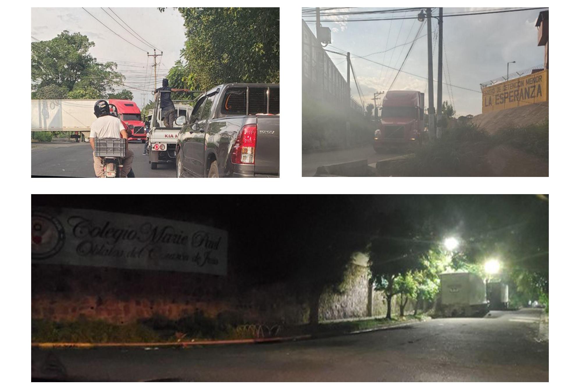 Top left: a trailer maneuvers to enter the Mariona prison on October 21, 2020: Top right, the trailer upon leaving the prison at 6:30 p.m. The bottom photo was taken a day after at the warehouse where the food sacks were unloaded. The photos were taken by investigators with the Attorney General’s Office.