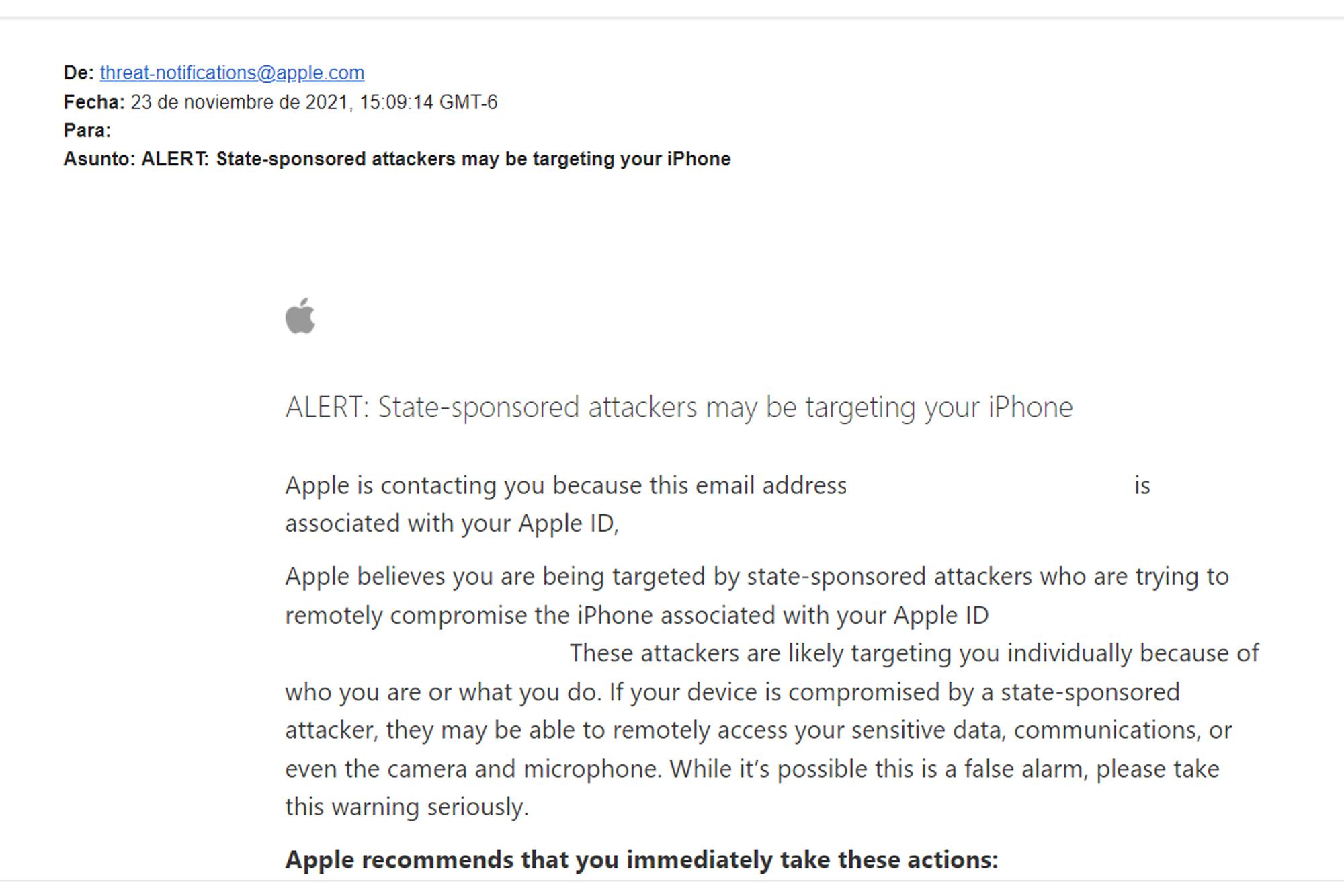 Captura del correo que Apple envió a 12 miembros de El Faro este 23 de noviembre. El correo llegó también a algunos opositores políticos y miembros de la sociedad civil organizada. 