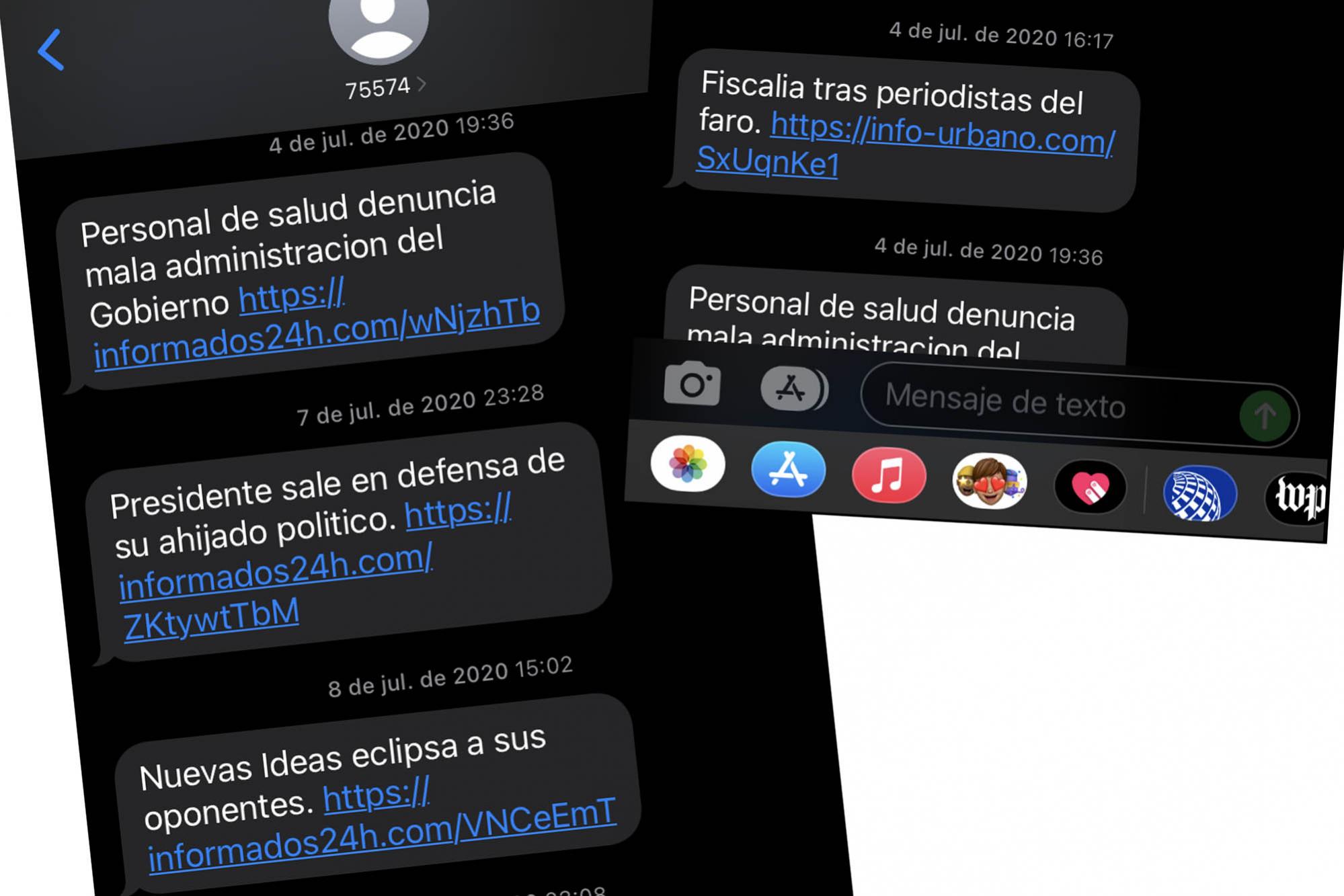 Mensajes de texto enviados con titulares falsos al teléfono de José Luis Sanz en julio de 2020.