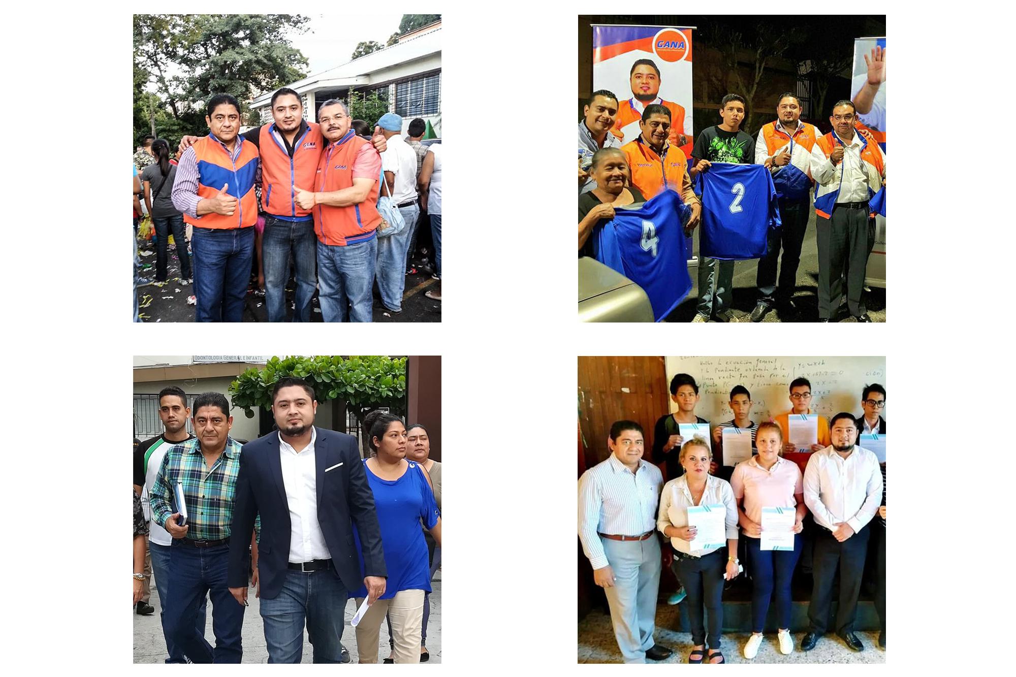 Top-left: Hernández Molina, (left) with Luna (center) and Nelson Guardado (right), president of GANA, at a party event in 2014. Top-right: Hernández Molina in an orange jacket at a 2017 campaign event for Luna. Bottom-left: Hernández Molina, left, accompanies then-legislator Luna to visit the San Salvador Archdiocese. Bottom-right: Luna and Hernández Molina give scholarships to students during Luna