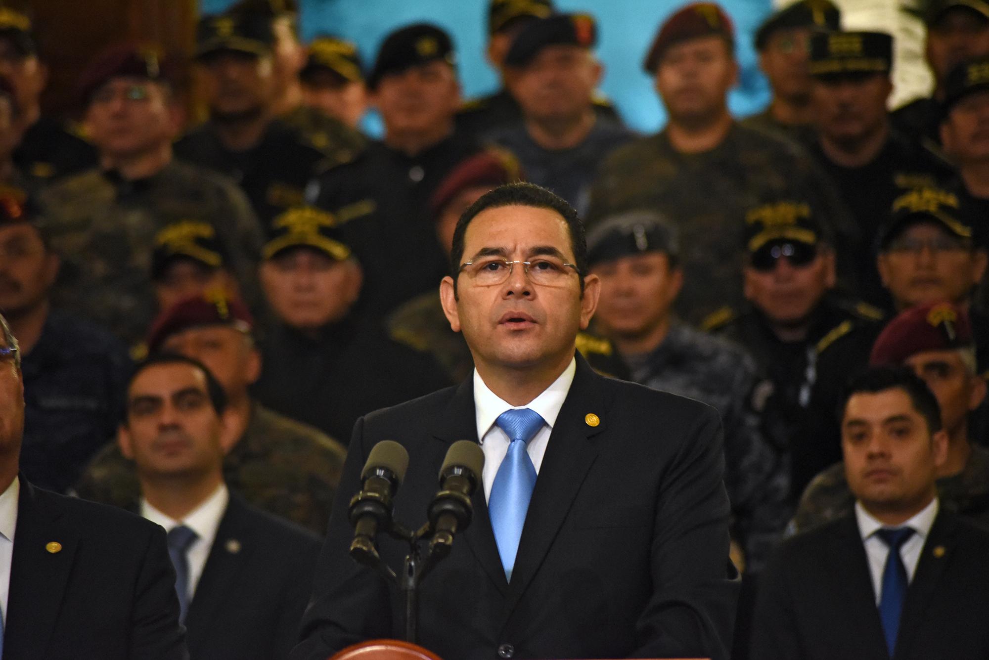 El presidente de Guatemala, Jimmy Morales, durante la conferencia de prensa en la que anunció que no renovará el mandato de la CICIG. Viernes 31 de agosto de 2018.  Foto: AFP  / Orlando Estrada.