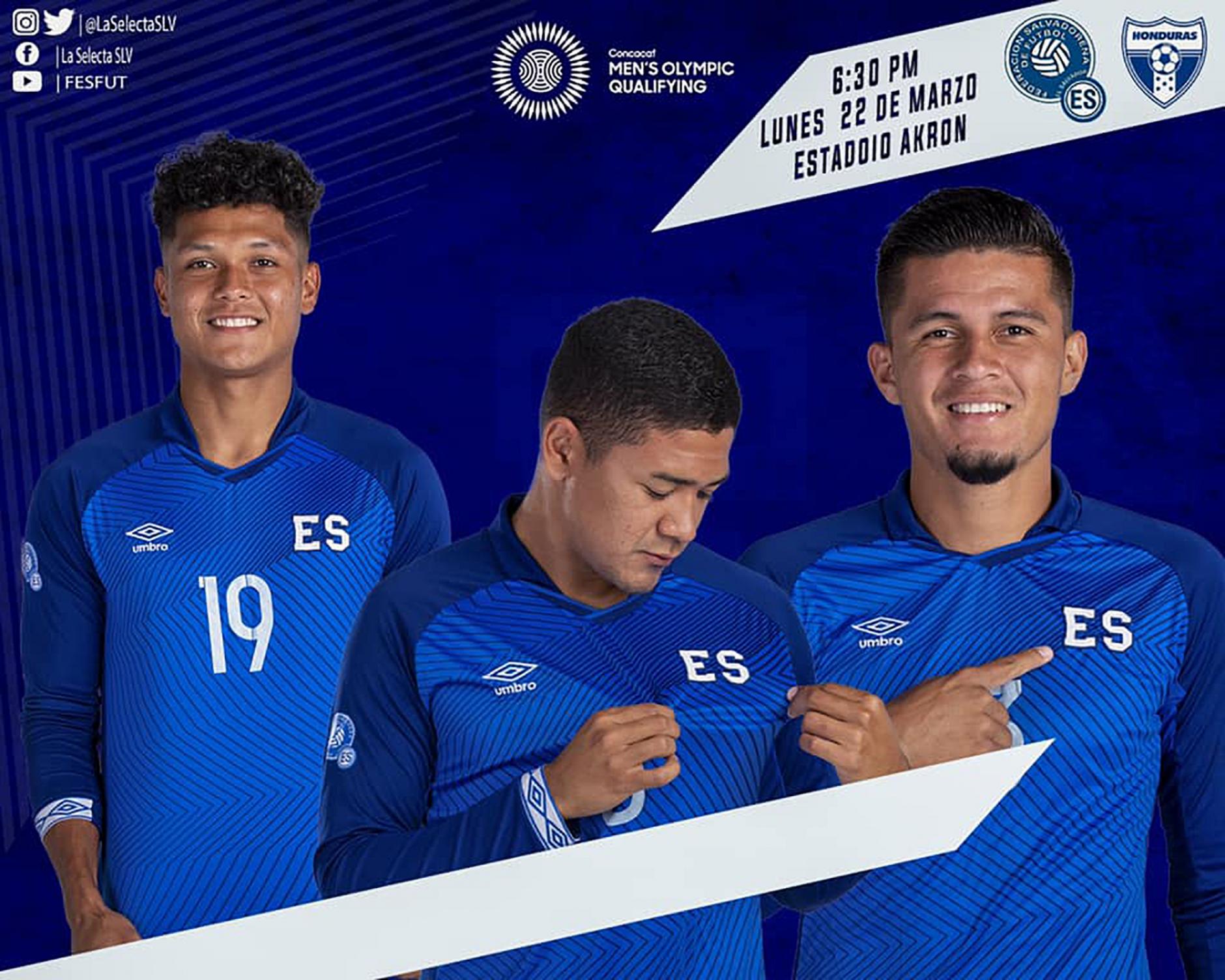 Lizandro Claros (left) features in a poster announcing a game between El Salvador and Honduras, during the pre-Olympics tournament, held this March in Mexico. Photo: Federación Salavadoreña de Fútbol.