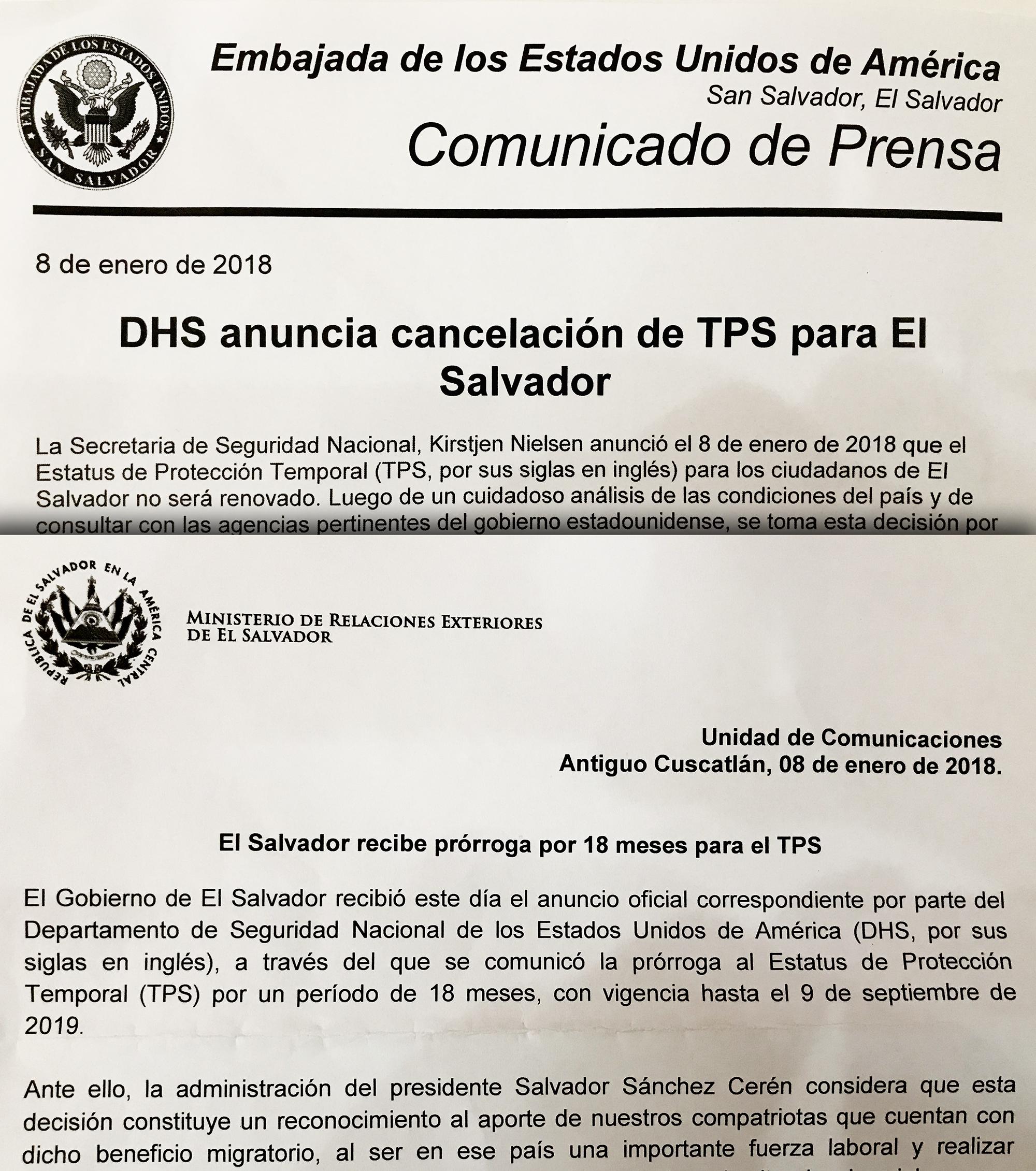 Comunicados de prensa sobre cancelación del TPS de los gobiernos de Estados Unidos y de El Salvador. Foto: El Faro 