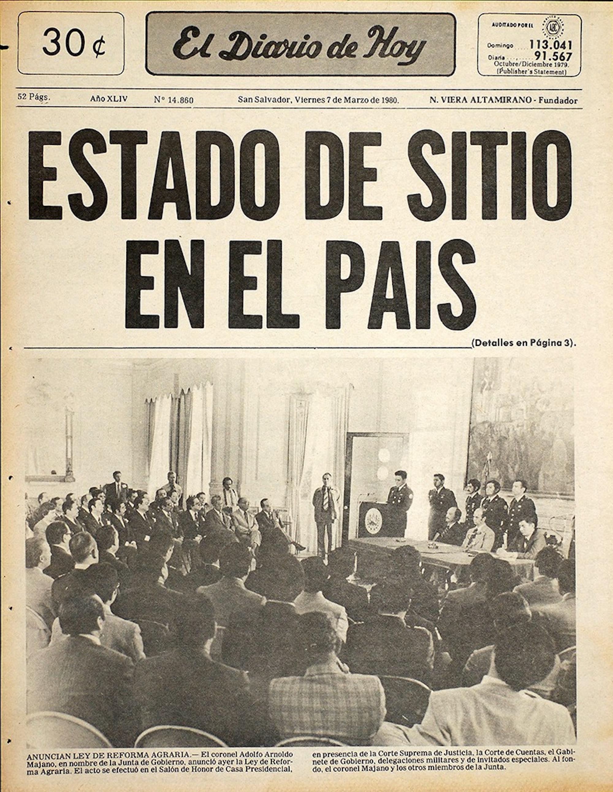 Portada de El Diario de Hoy del 7 de marzo de 1980, día en que la Junta de Gobierno presentó su propuesta de reforma agraria.