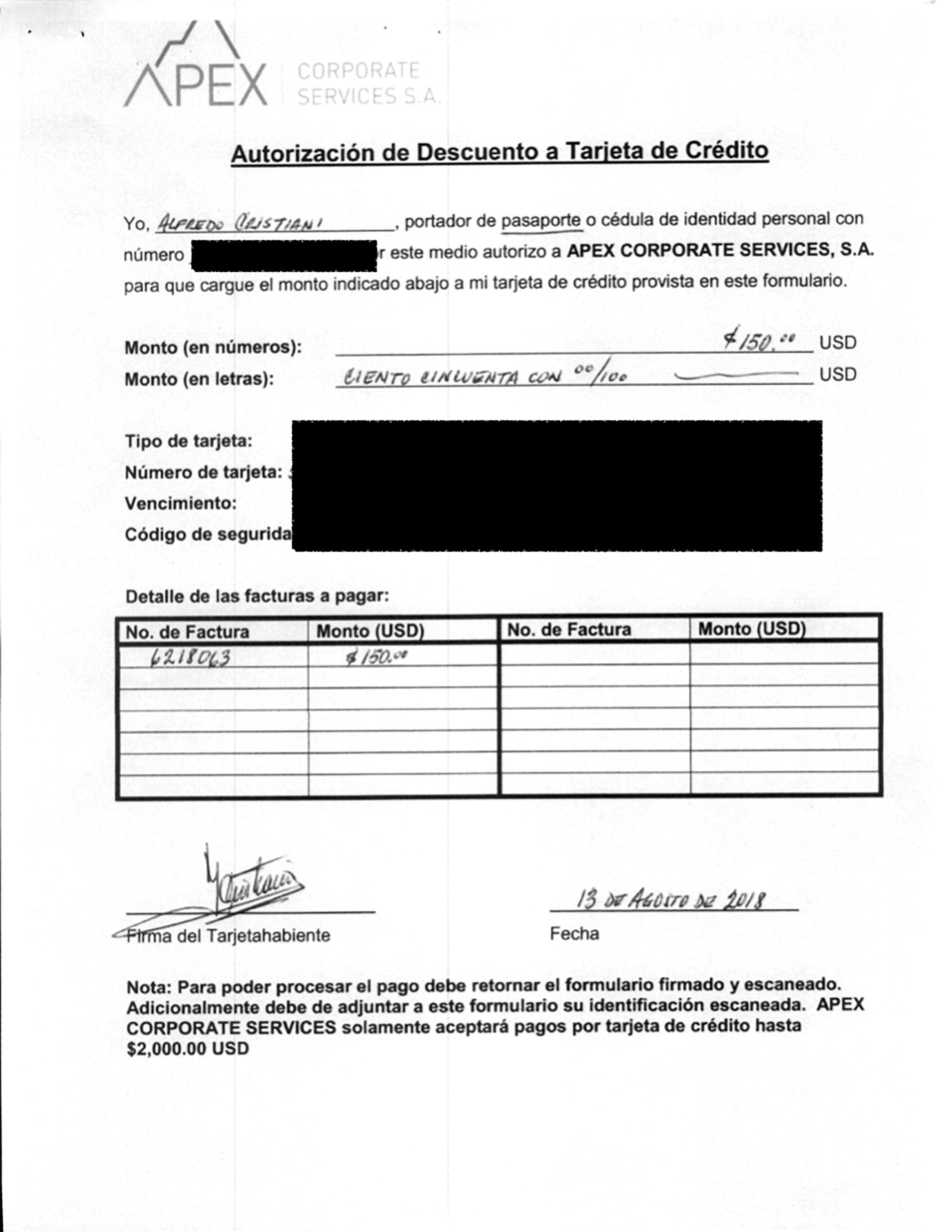 Documento que refleja el pago que hizo el expresidente Cristiani a la empresa APEX CORPORATE SERVICES, S.A.