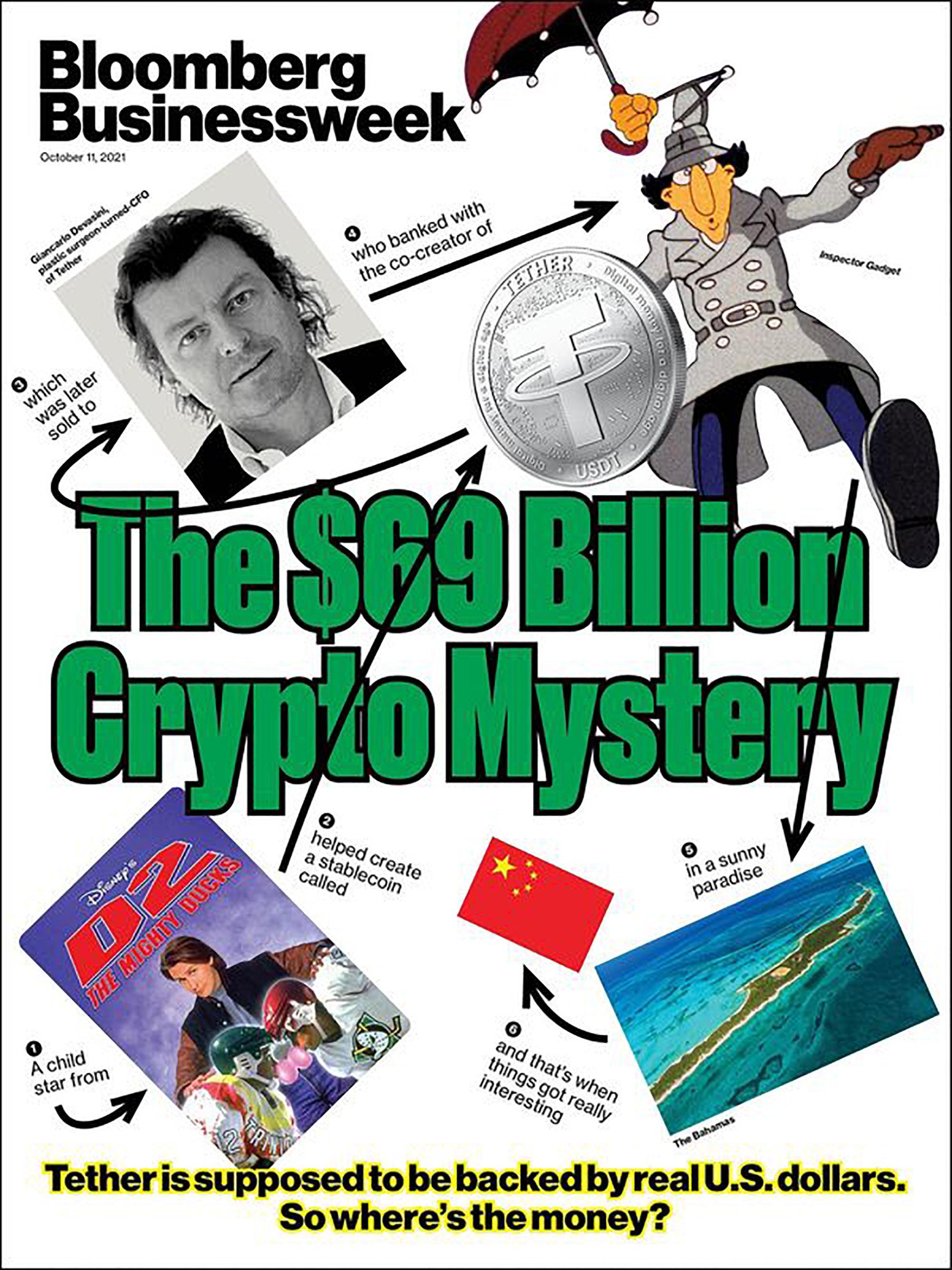 The owner of Tether and Bitfinex, Giancarlo Devasini, on the cover of Bloomberg Businessweek in October 2021. In February 2022 he opened a chapter of Bitfinex in El Salvador. The company will issue one billion dollars' worth of Bitcoin Bonds and the Salvadoran government says it will accept dollars, bitcoin, and tether as payment.