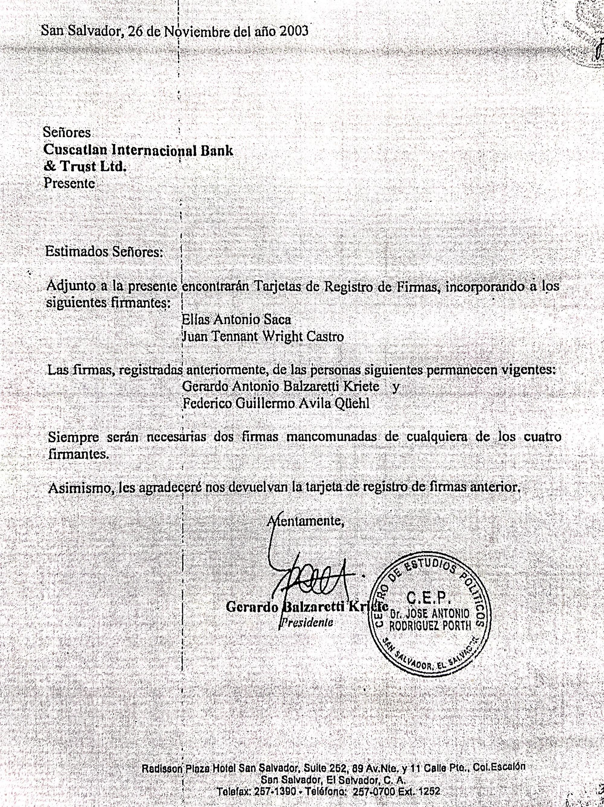 El 26 de noviembre de 2003, Balzaretti pidió al banco incorporar la firma de Antonio Saca y Juan Wrigth a la cuenta del CEP. La Fiscalía de Costa Rica no encontró el documento donde ellos hayan firmado. Wright dice que esa solicitud no prueba que tuvo dominio sobre la cuenta.