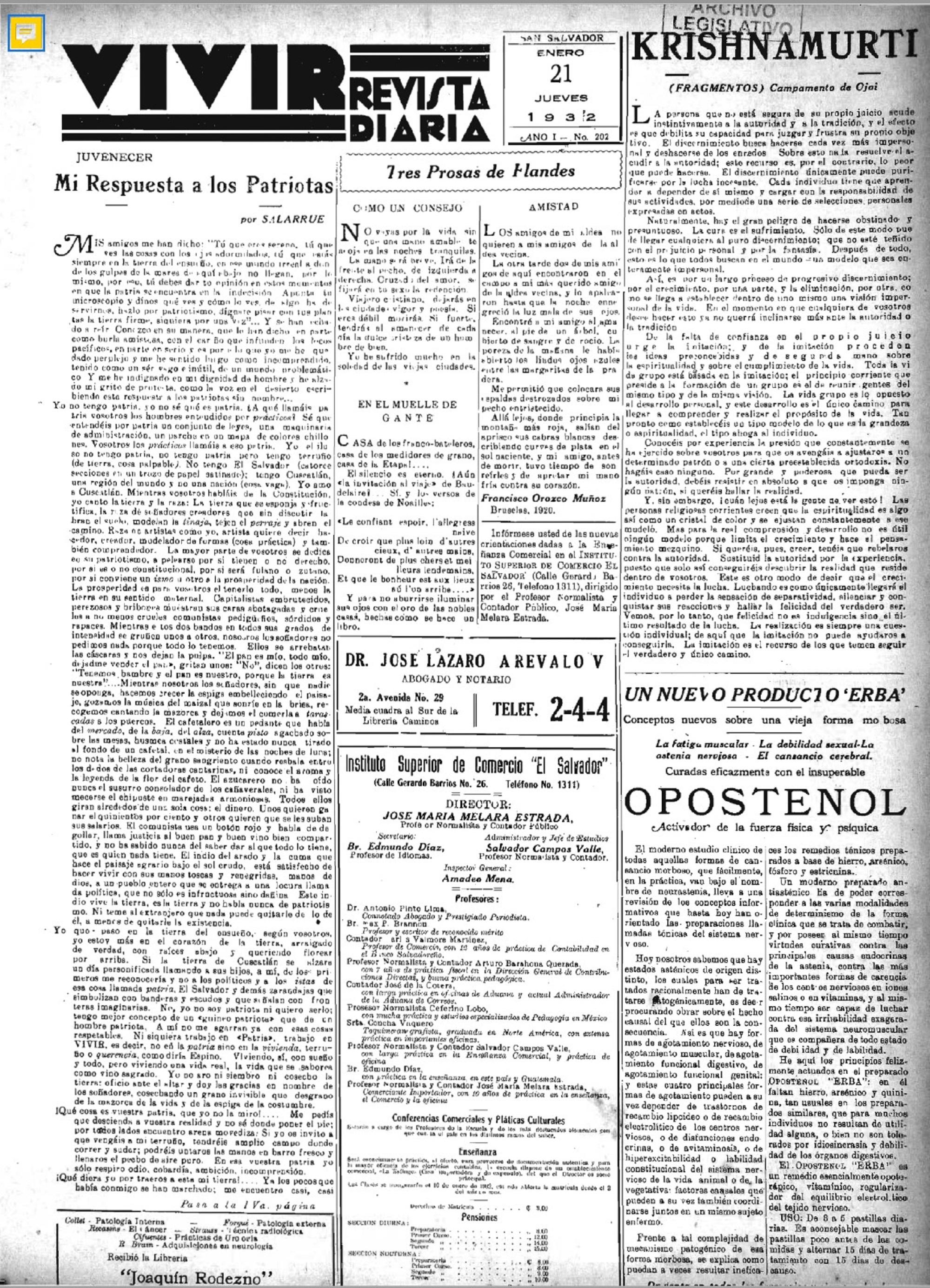 Este facsímil del periódico Patria  evidencia que el texto se publicó originalmente un día antes del alzamiento: el 21 de enero de 1932.