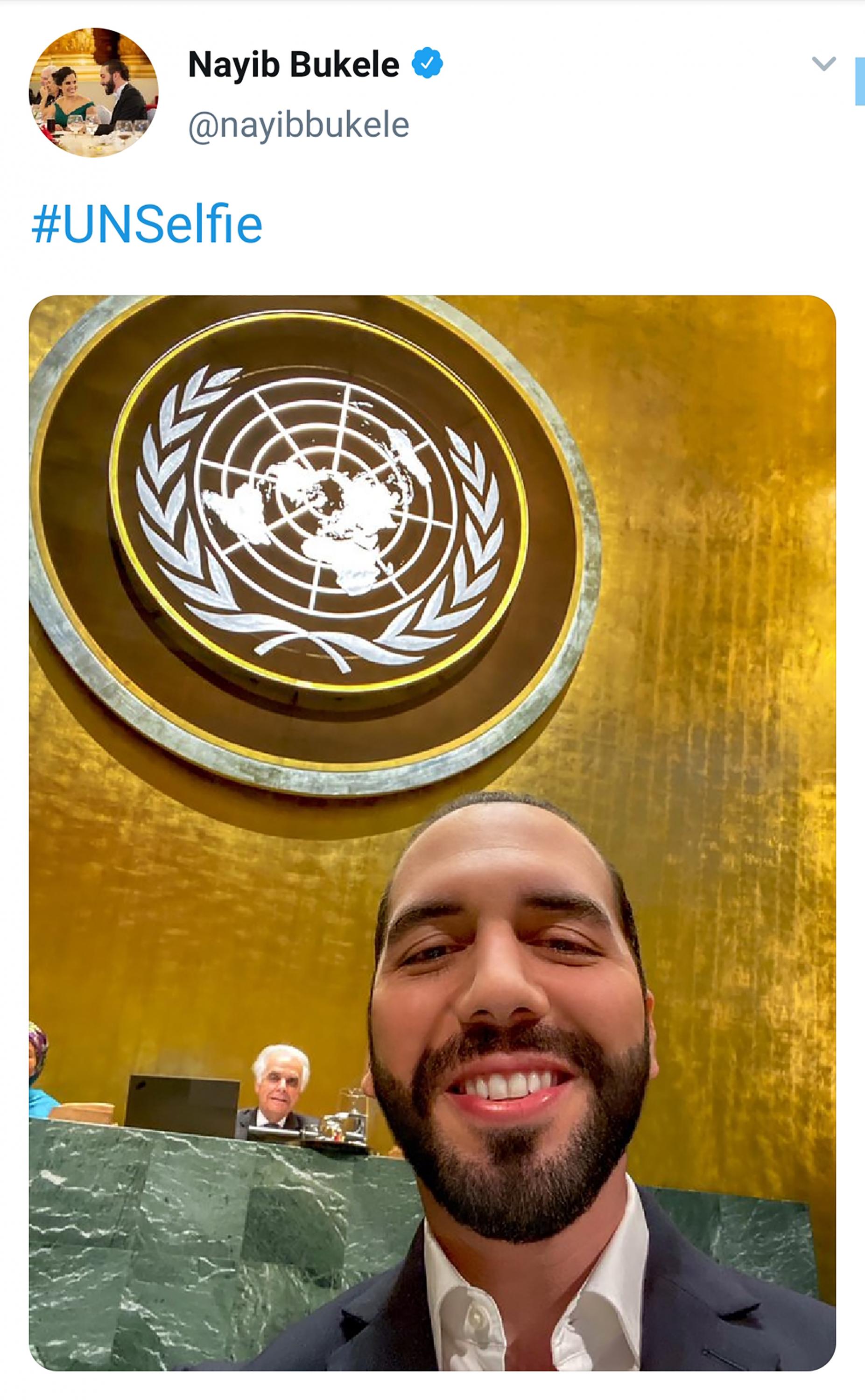 El presidente salvadoreño durante la 74ª Sesión de la Asamblea General en la sede de la ONU, en Nueva York. Imagen tomada de la cuenta oficial en Twitter de Nayib Bukele. 