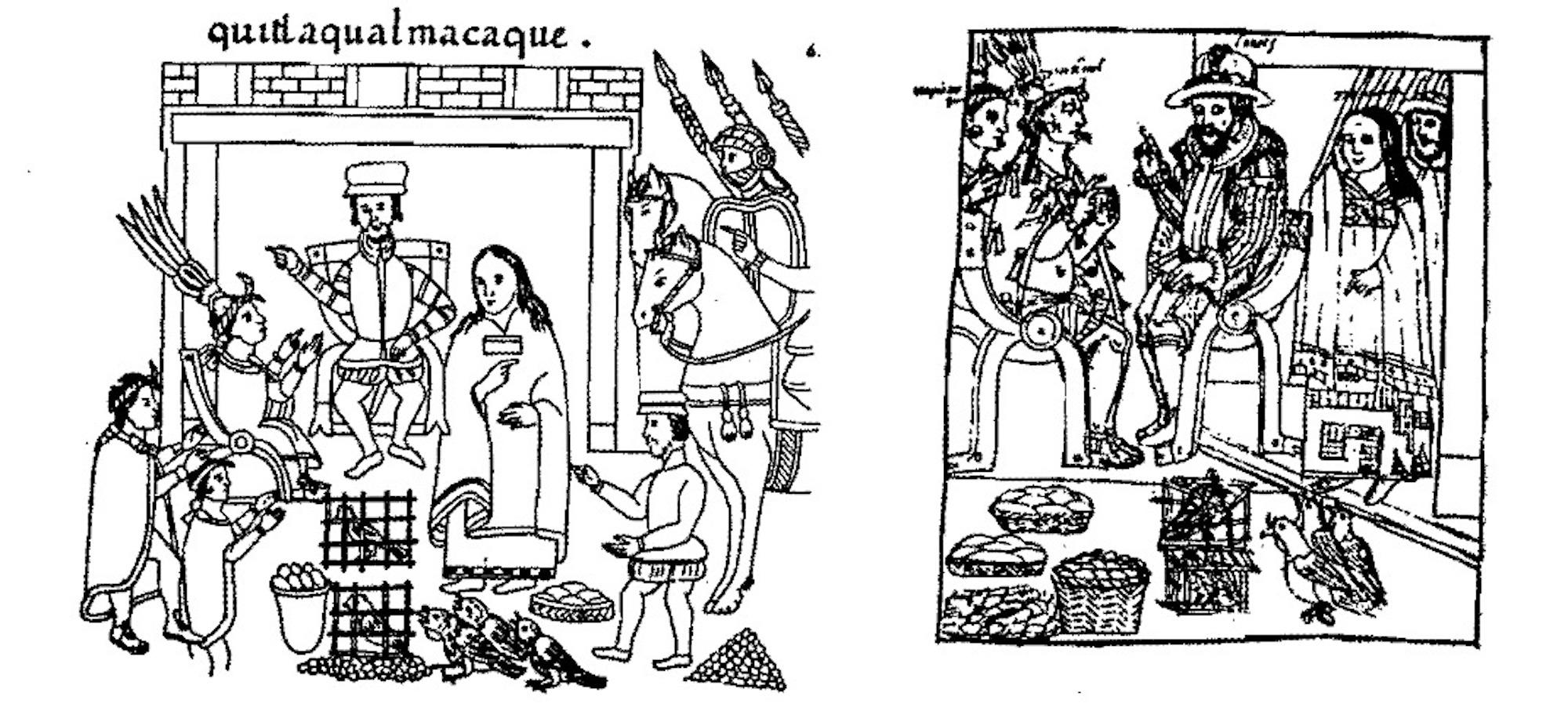 Estas dos imágenes del Lienzo de Tlaxcala (Siglo XVI), ubicado en la Universidad de Glasgow, Escocia, muestran a Malinche en su rol de traductora junto a Hernán Cortez. Imagen cortesía de Jorge Lemus.