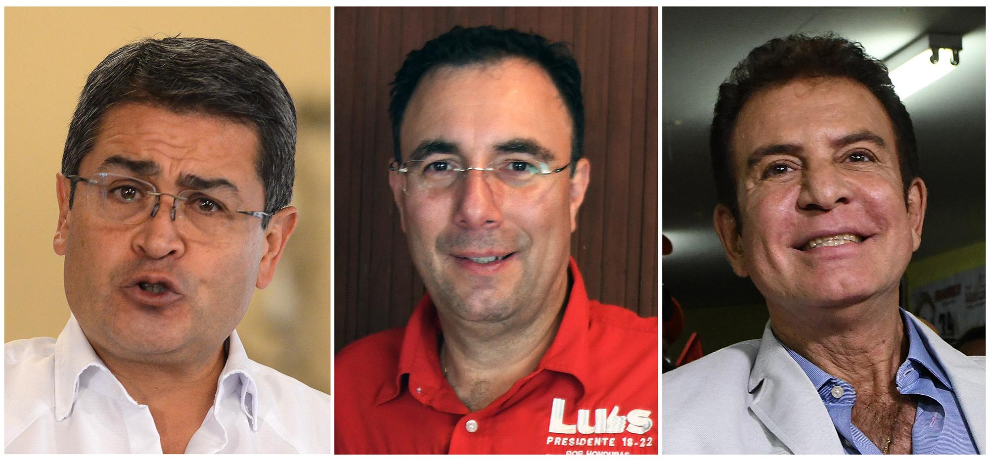 De izquierda a derecha. Juan Orlando Hernández, del Partido Nacional; Luis Zelaya, del Partido Liberal; y Salvador Nasralla, de la Alianza Opositora. Foto Orlando Sierra (AFP).