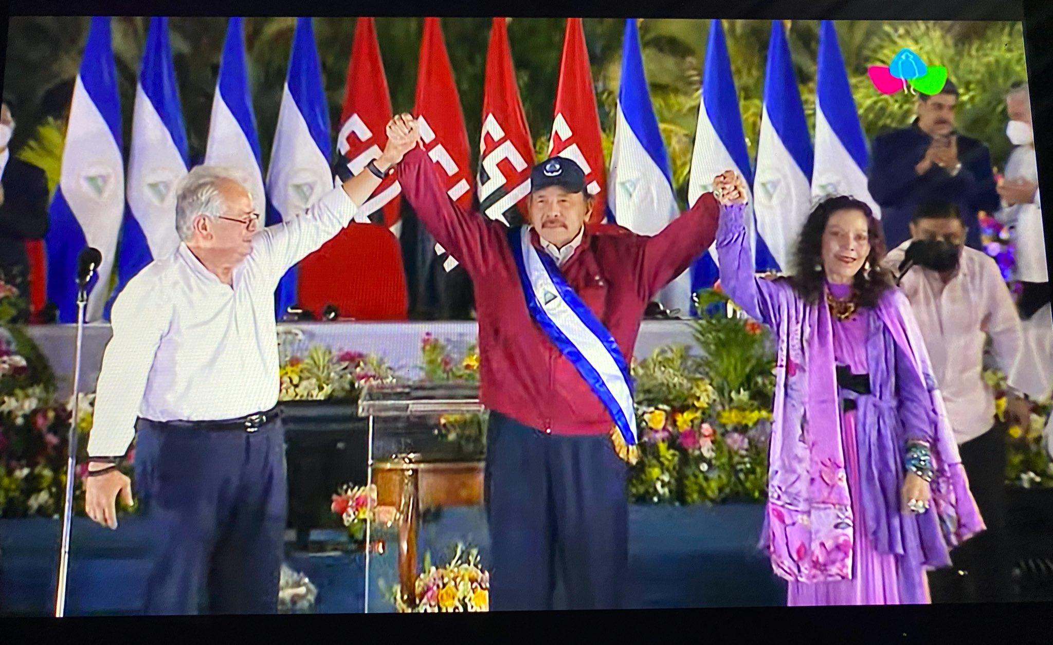 Ortega (foreground, middle) and Murillo (right) at their inauguration on Jan. 10, 2022. In the background, Nicolás Maduro (black) speaks with Miguel Díaz-Canel. Photo: State-run Channel 4 via Divergentes