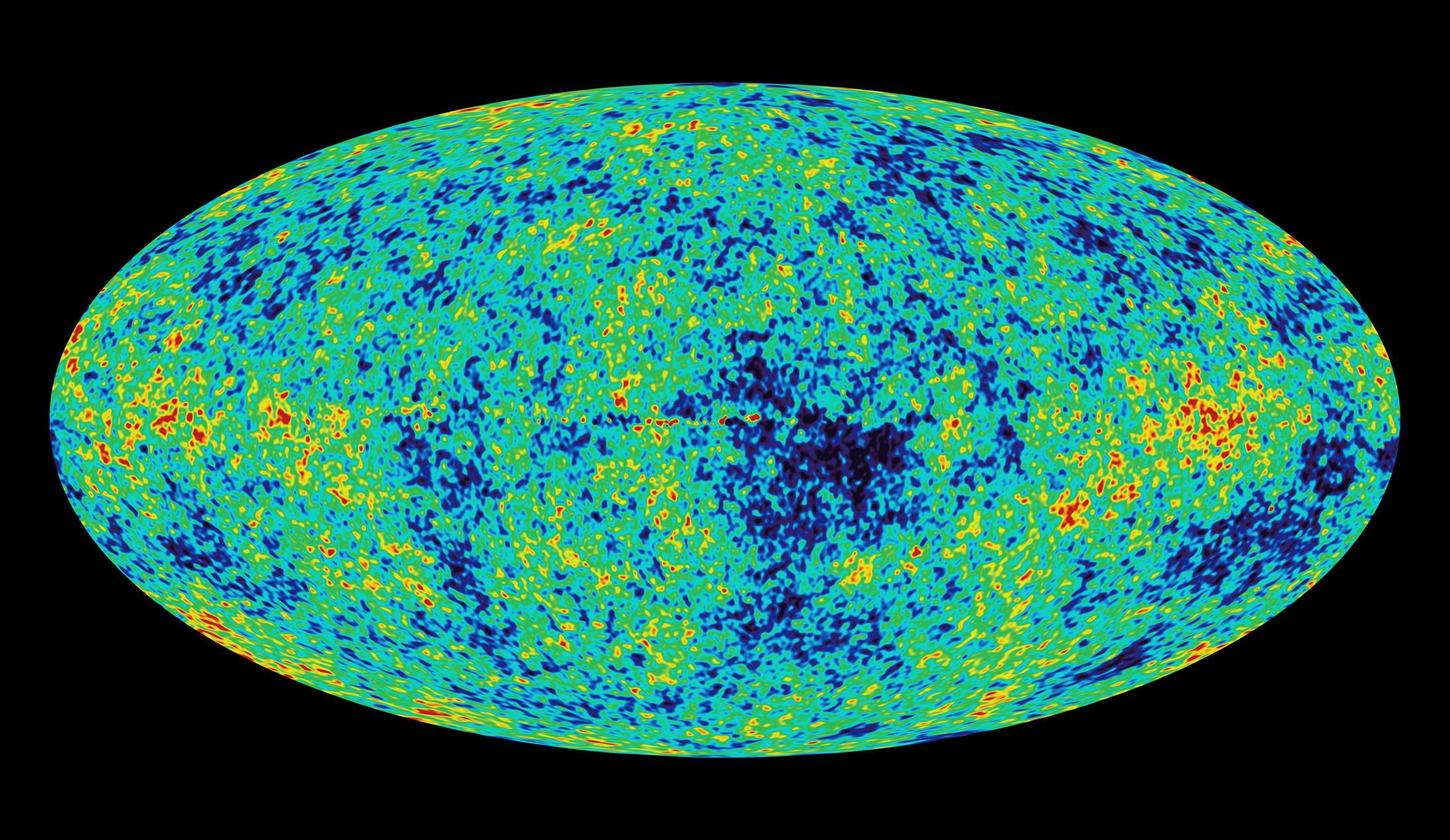 La radiación de fondo de microondas se observa en todo el universo –invisible a la vista humana, solo puede ser detectado por medio de instrumentos-  representa la primera radiación de la gran explosión que puede ser detectada. Es el antiguo eco de un universo caliente cuando el cosmos apenas tenía 400,000 años de edad. Imagen de la NASA.