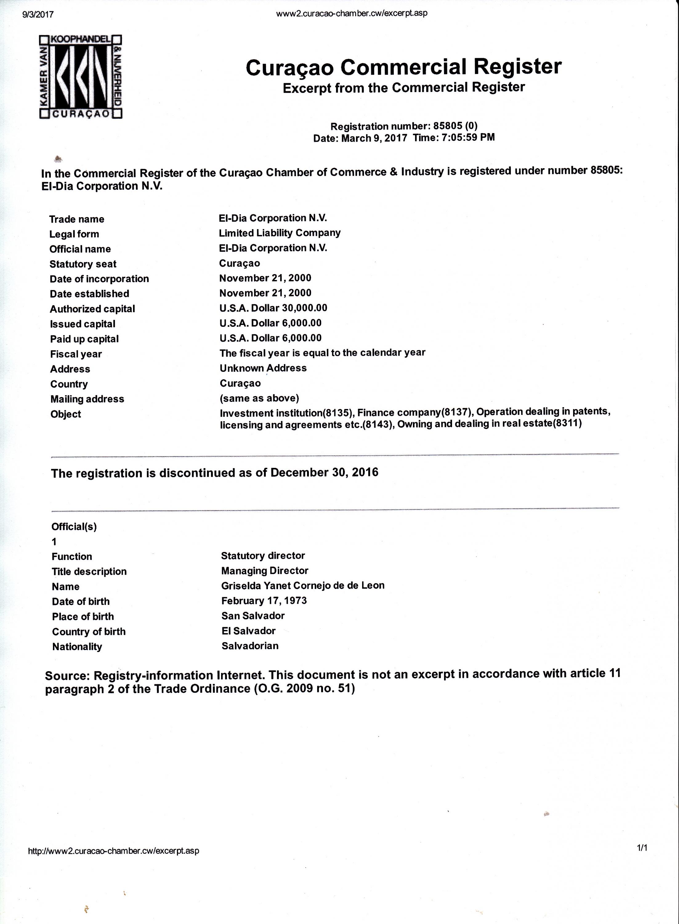 Documento del Registro Comercial de Curazao que confirma que la salvadoreña Griselda Yanet Cornejo de de León dirige la compañía El-Dia Corporation.