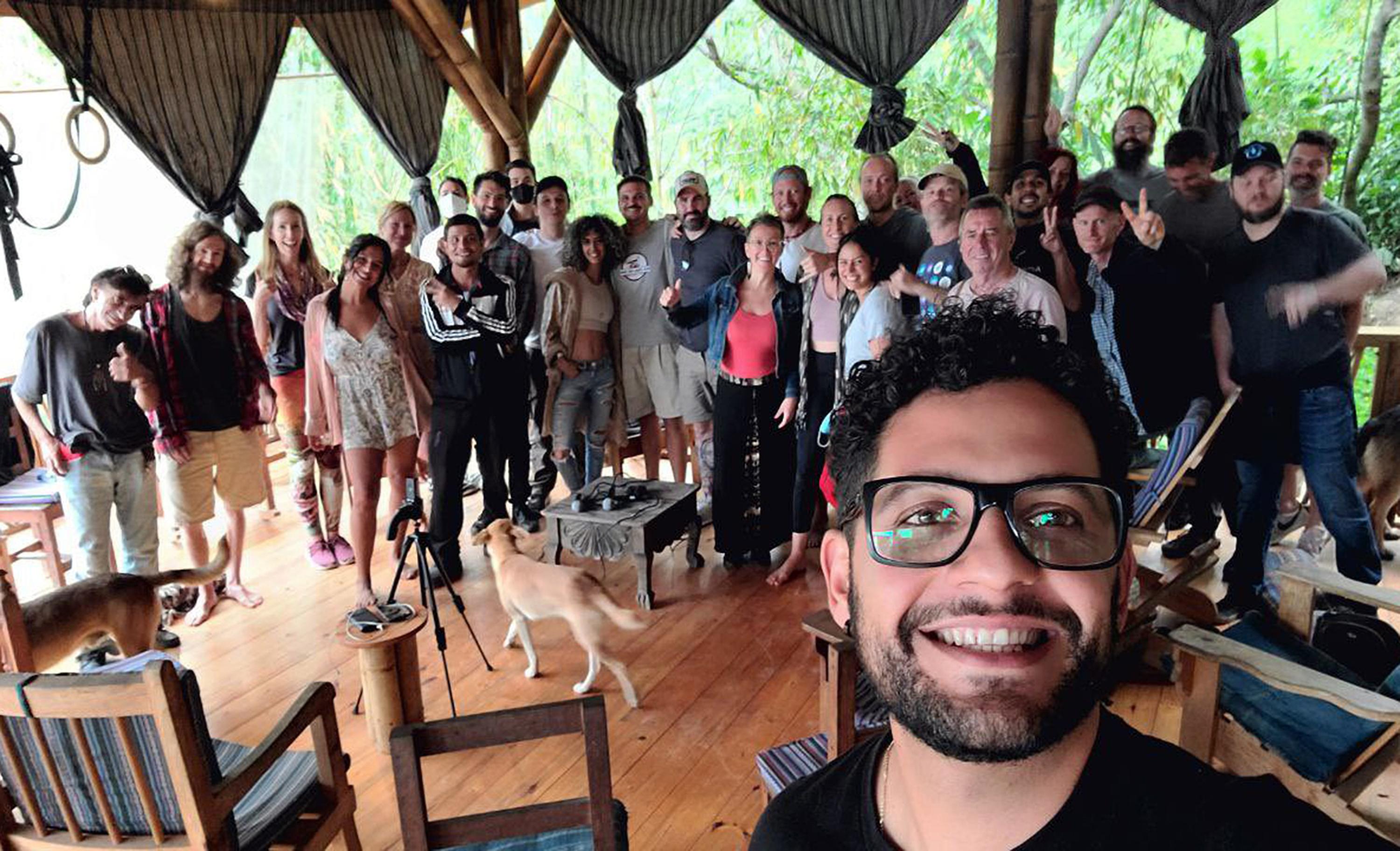 When popular British podcaster and El Salvador bitcoin promoter Peter McCormack (center, beige hat) visited Atitlán in May 2021, Crypto Atitlán founder Rishi Bond (bottom) says he became convinced of the importance of getting local businesses to start using bitcoin on the Lightning Network. Gathering at Bambu Guest House in Tzununá, Sololá. Photo: McCormack Twitter account.