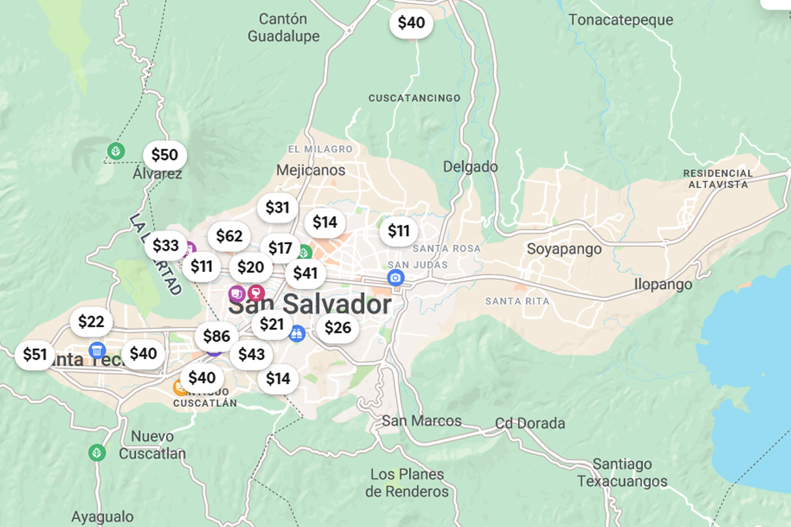 Vista ampliada de los alquileres disponibles en la plataforma Airnbn en el área metropolitana de San Salvador.