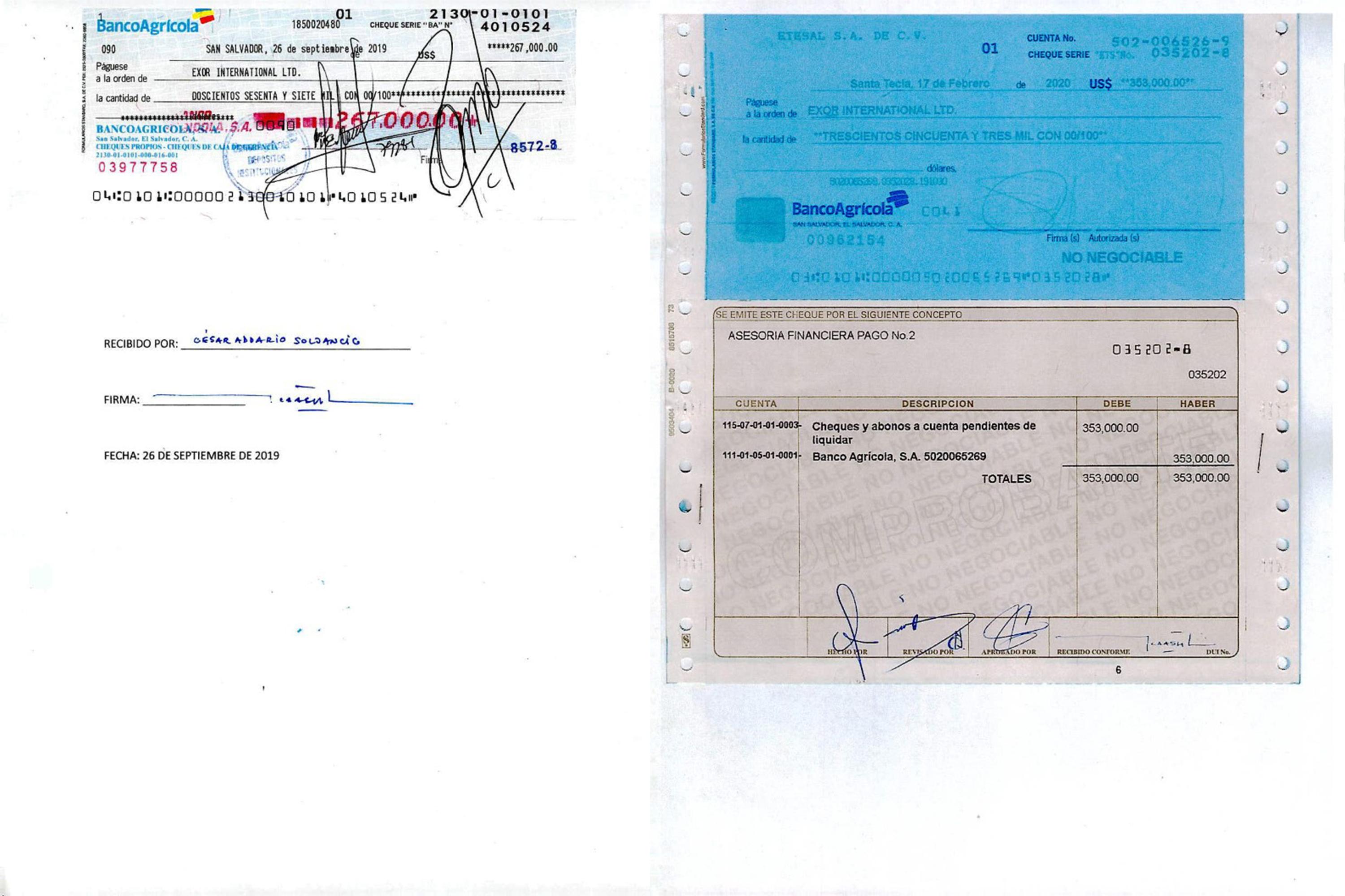 Una empresa del Gobierno, ETESAL,  emitió dos cheques a favor de Exor.