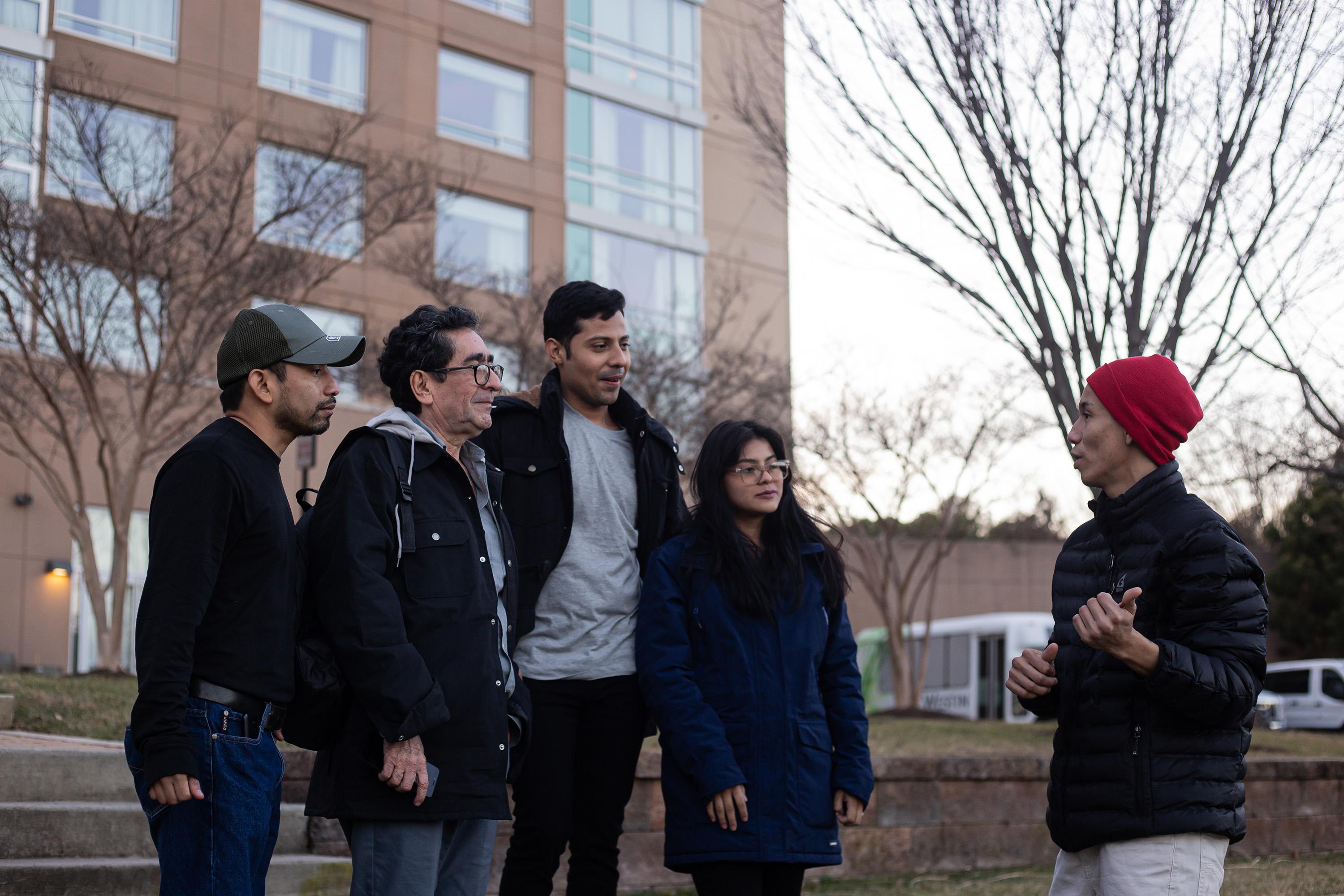 From left to right, former political prisoners Alex Hernández, Irving Larios, Yader Parajón, Samantha Jirón, and John Cerna, outside the hotel where they stayed following their liberation and deportation from Nicaragua on Thursday, Feb. 9, 2023. Photo: Miguel Andrés/Divergentes