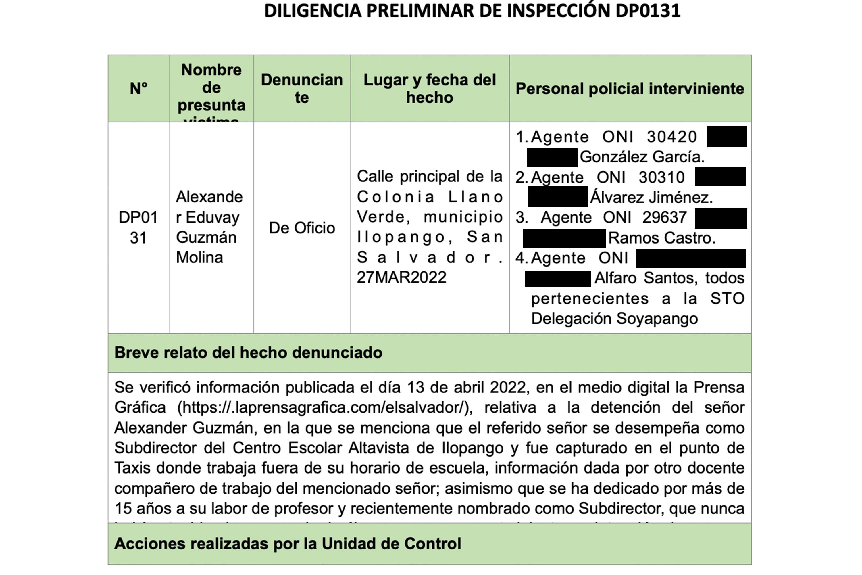 A document in Spanish from the Internal Control Unit of the National Civil Police, which investigated Guzman’s case as an arbitrary arrest.