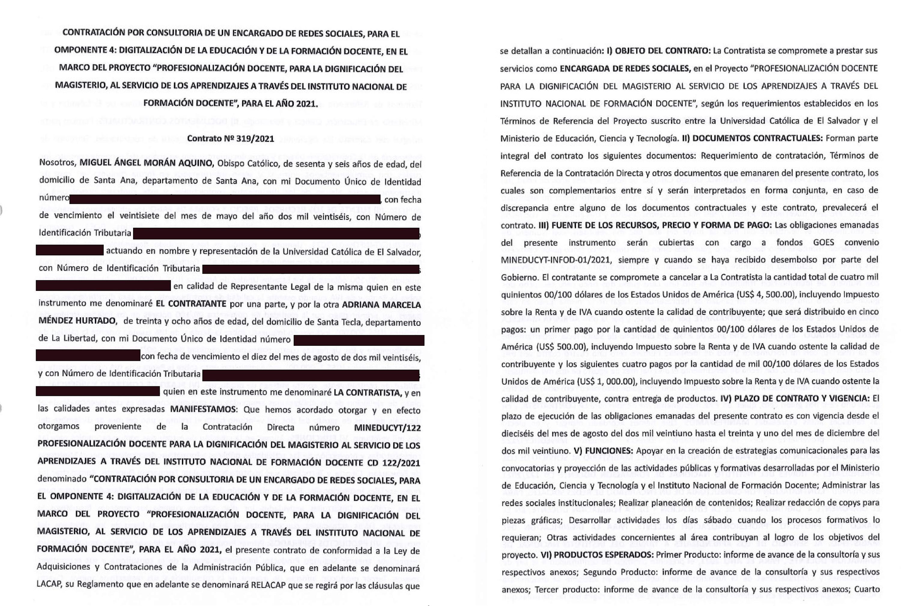 Copia del contrato entre Adriana Méndez y el Ministerio de Educación.