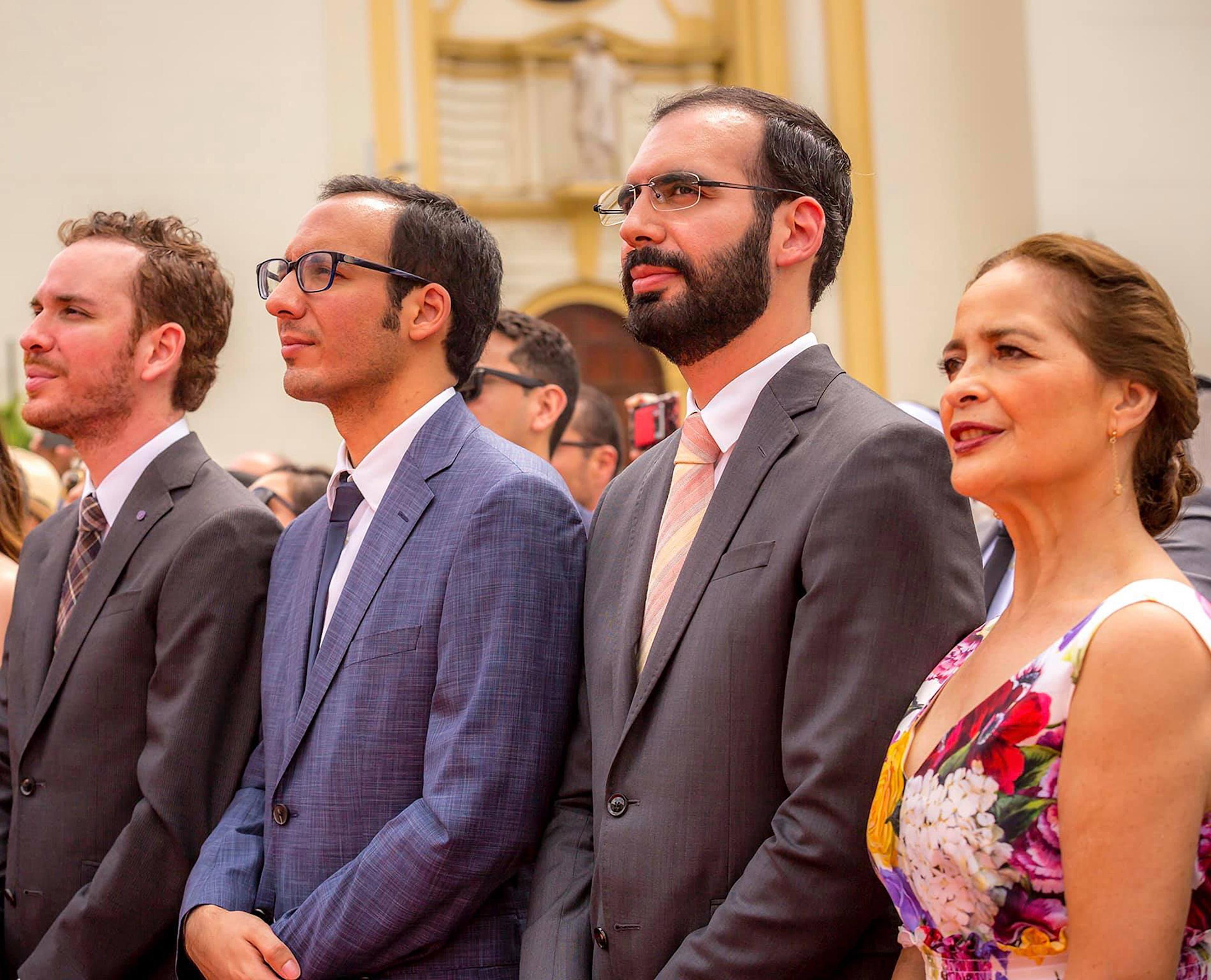 Nayib Bukele’s mother, Olga Ortez, and his brothers Karim, Ibrajim and Yusef (from right to left) at the president’s inauguration on June 1, 2019. Photo from Karim Bukele’s Facebook page.
