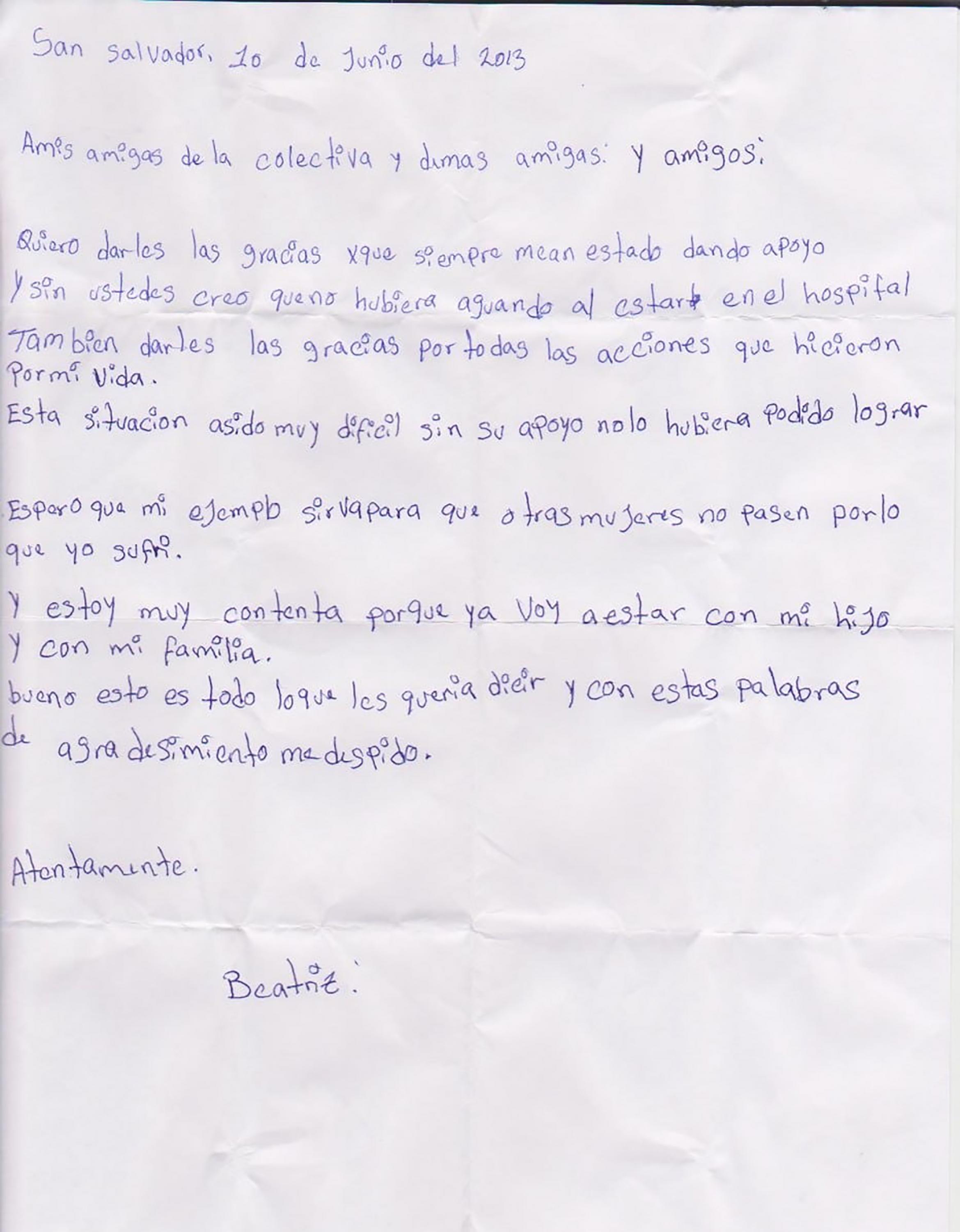 Carta enviada por Beatriz el 10 de junio de 2013 a las organizaciones de derechos Humanos que la acompañaron durante su hospitalización. 