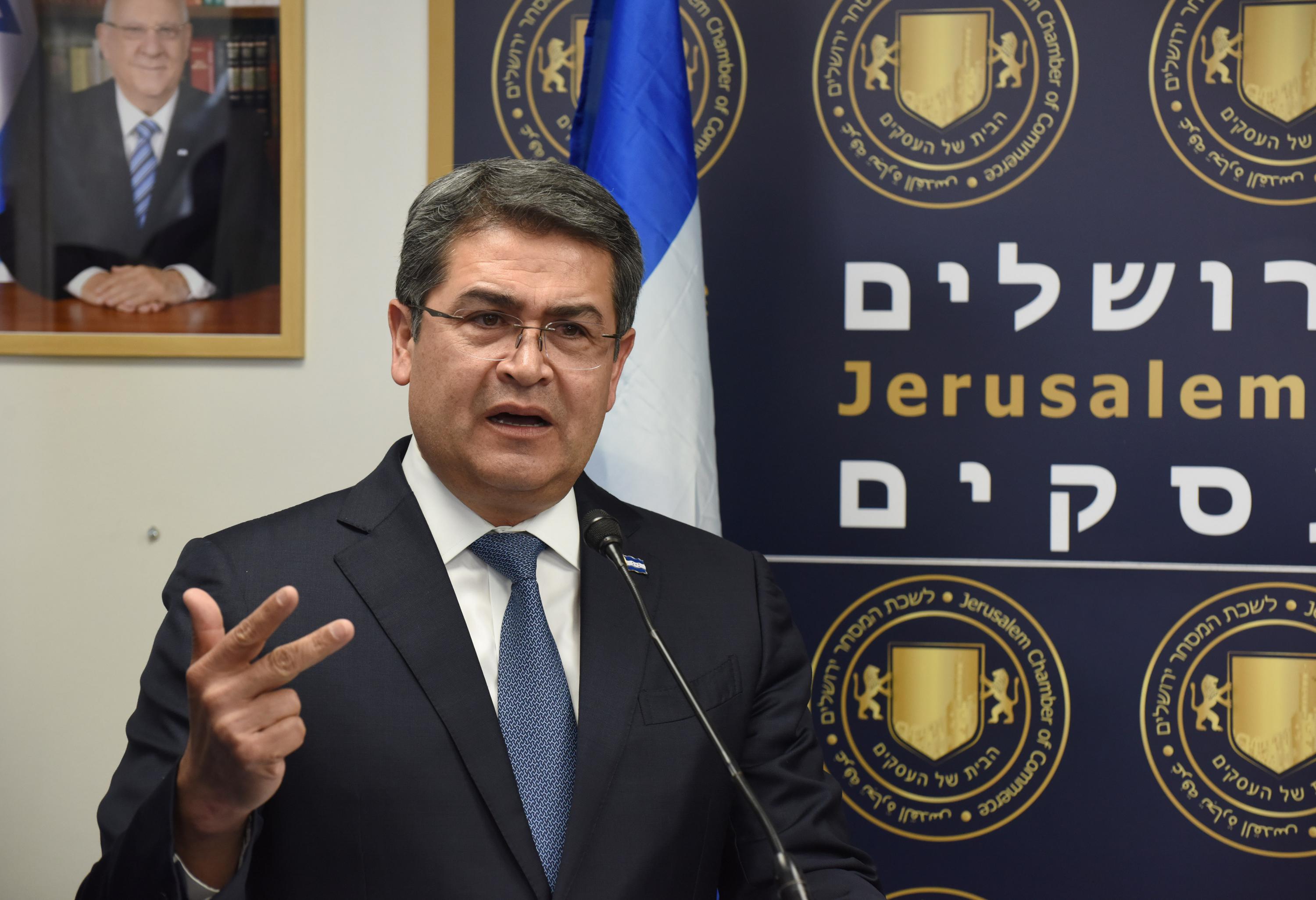 Honduran President Juan Orlando Hernandez speaks during an inauguration ceremony in Jerusalem of the Diplomatic Trade Office of Honduras on September 1, 2019. (Photo by DEBBIE HILL / POOL / AFP)