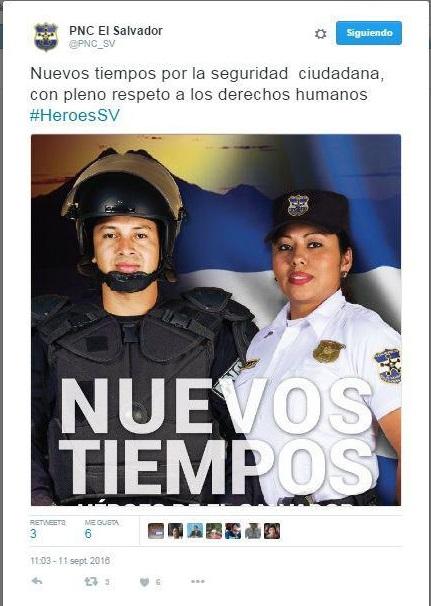 Tuit publicado por la cuenta oficial de la Policía Nacional Civil de El Salvador (PNC) el domingo 11 de septiembre de 2016, corrigiendo uno anterior en el que se leía parafraseada una frase del General San Martín: 