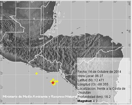 Mapa de los últimos sismos sentidos frente a las costas salvadoreñas en el mapa de MARN. El punto rojo corresponde al sismo de ayer en la noche. Foto MARN