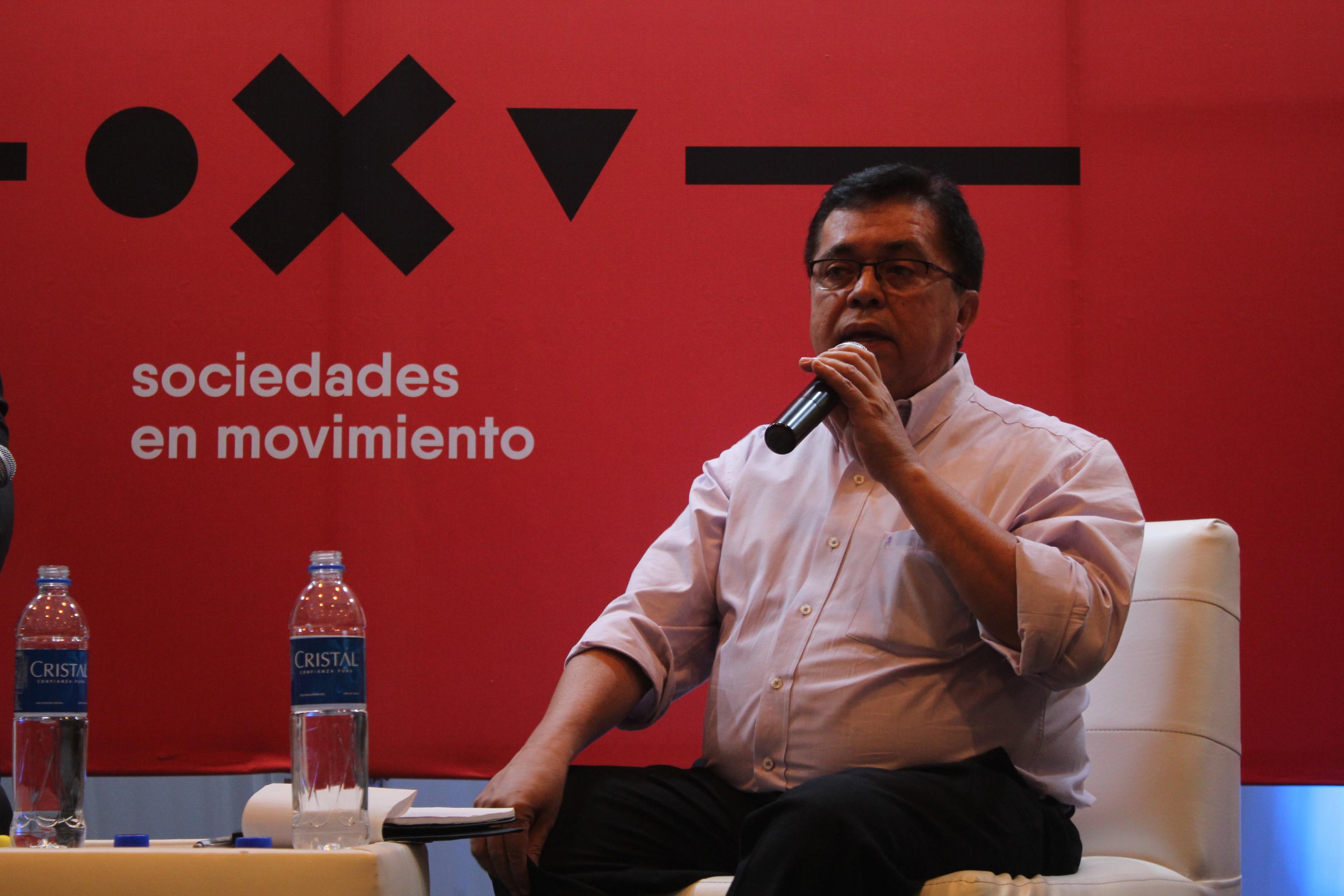 Roberto Lorenzana, secretario de Comunicaciones de la Presidencia del FMLN, durante el cierre del Foro Centroamericano de Periodismo, el 18 de mayo de 2019. Foto: José Carlos Reyes/ El Faro.