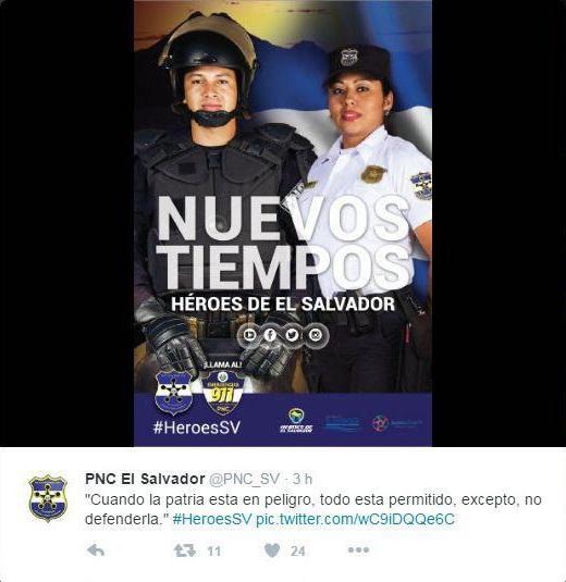 Tuit publicado por la cuenta oficial de la Policía Nacional Civil de El Salvador (PNC) el sábado 10 de septiembre de 2016, en el que se lee parafraseada una frase del General San Martín: 