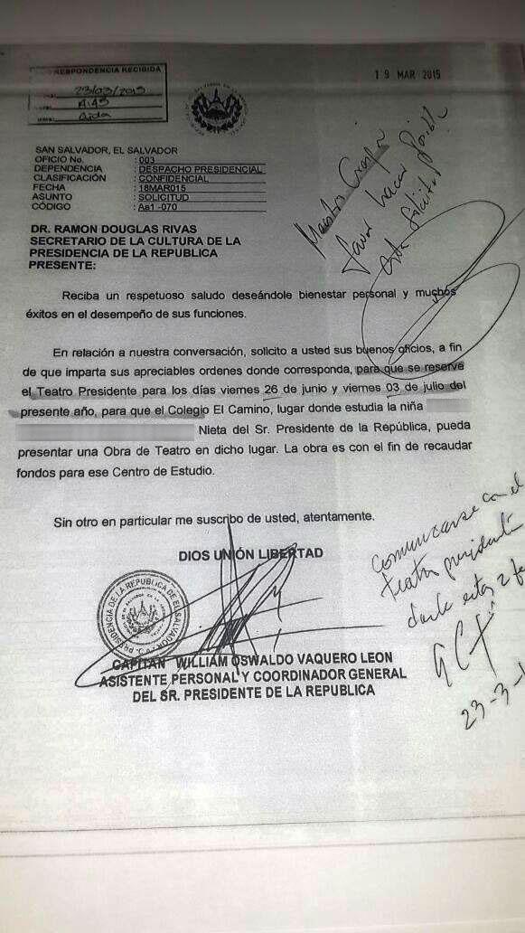 Carta en la que William Oswaldo Vaquero León solicita que se den instrucciones para que se presente la obra de la nieta del presidente los días 26 de junio y 3 de julio.