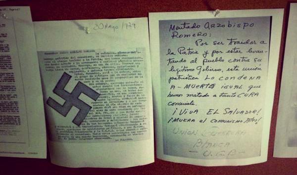 Copies of two death threats received by Monsignor Romero during his three years of archbishopric. One, signed by the 