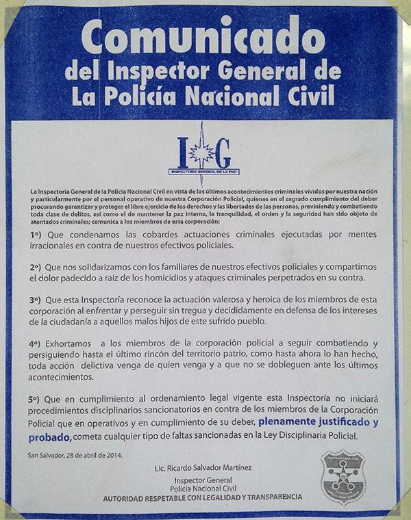 Comunicado emitido por la Inspectoría General de la Policía en el que se solidariza con los agentes por los ataques sufridos. 28 de abril de 2014. (Foto: El Faro)