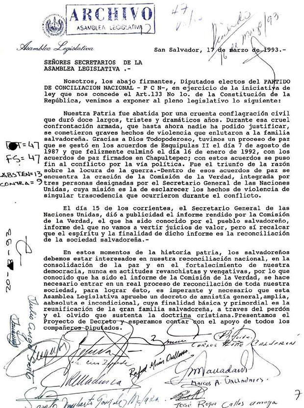 Propuesta del PCN para la creación de la Ley de Amnistía de 1993, dos días después de presentado el Informe de la Comisión de la Verdad.